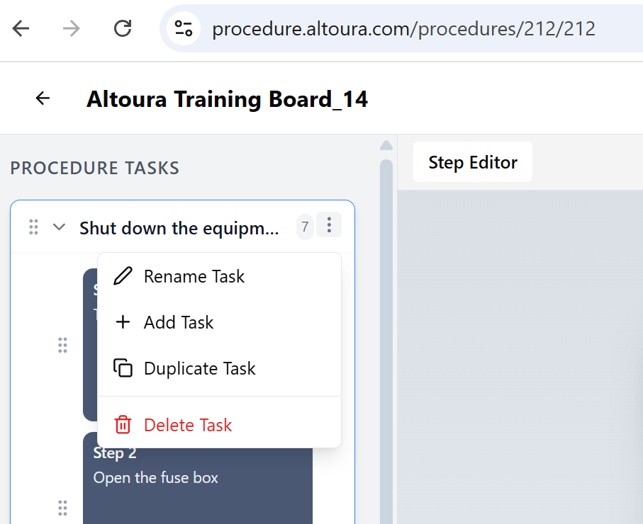 The task menu opened from a task's three-dot icon, showing Rename Task, Add Task, Duplicate Task, and Delete Task options.