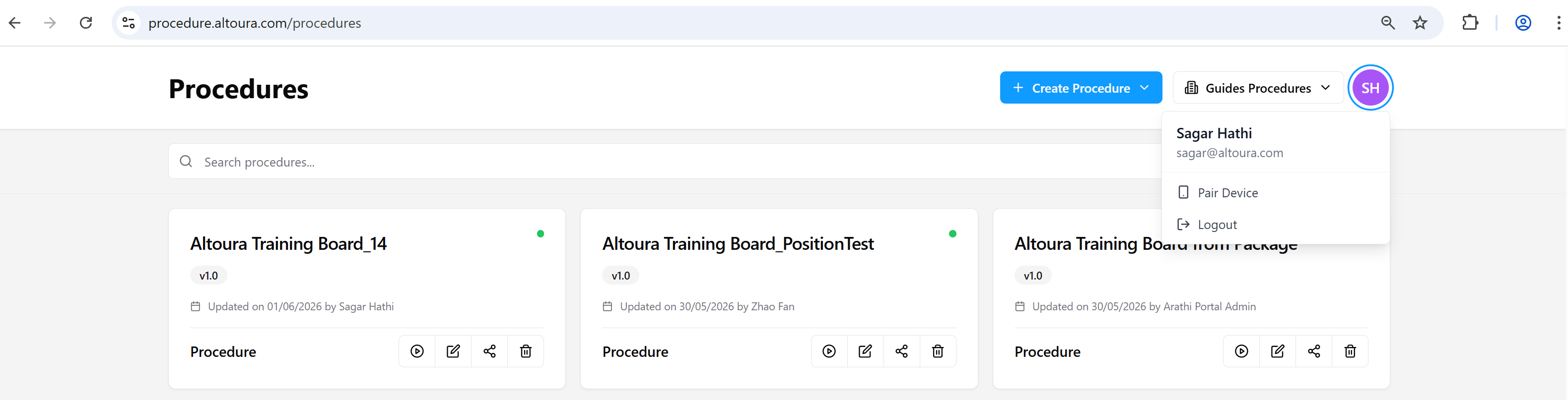 The Procedures page with the profile avatar dropdown opened in the top-right corner, showing the user's name, email, Pair Device option, and Logout option.