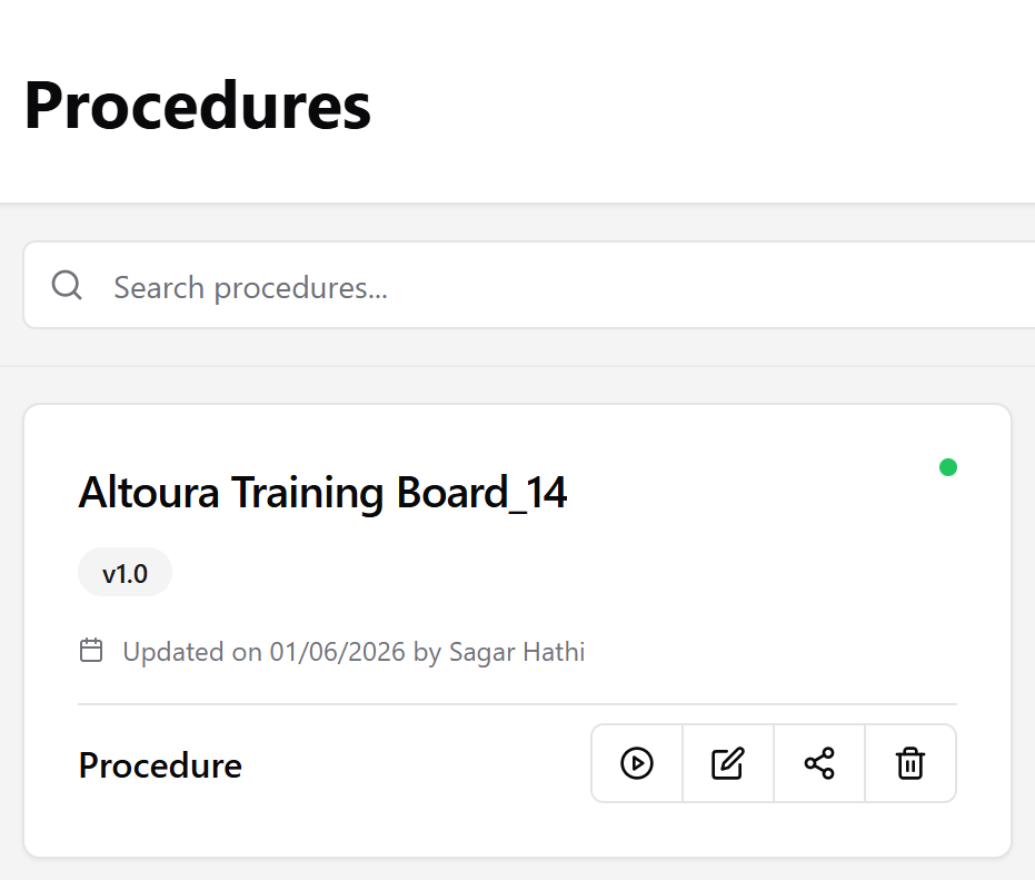 A single procedure card showing the procedure name, version, last updated date and author, and availability status indicator.