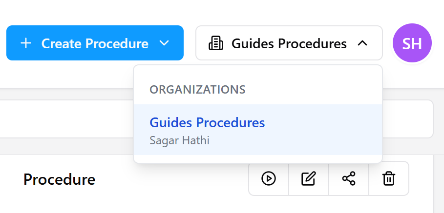 The Organization selector dropdown in the top navigation, expanded to show the list of available organizations under an Organizations heading.