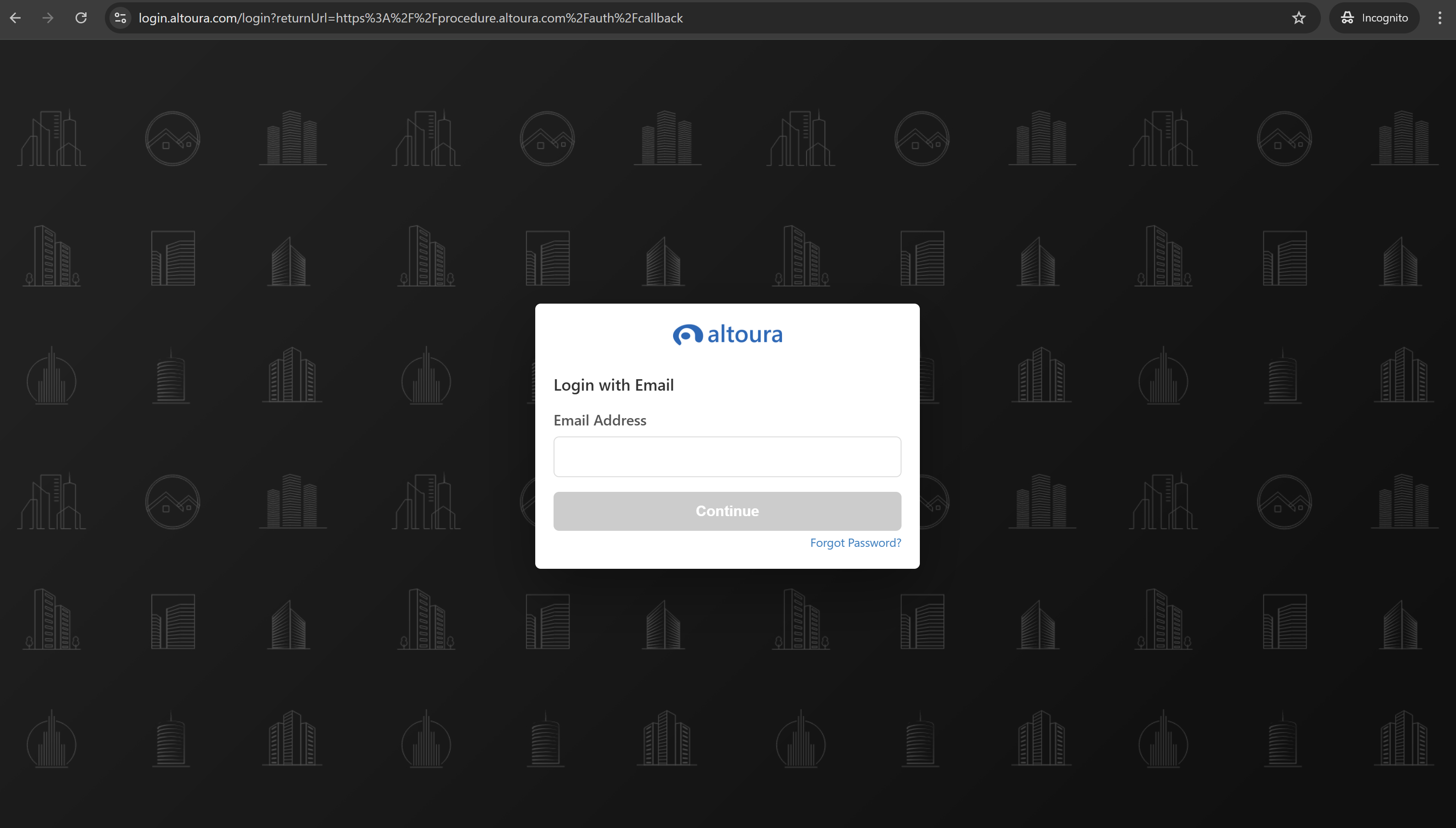 Altoura Login with Email screen showing an empty Email Address field, a disabled Continue button, and a Forgot Password link, with the Altoura logo at the top.