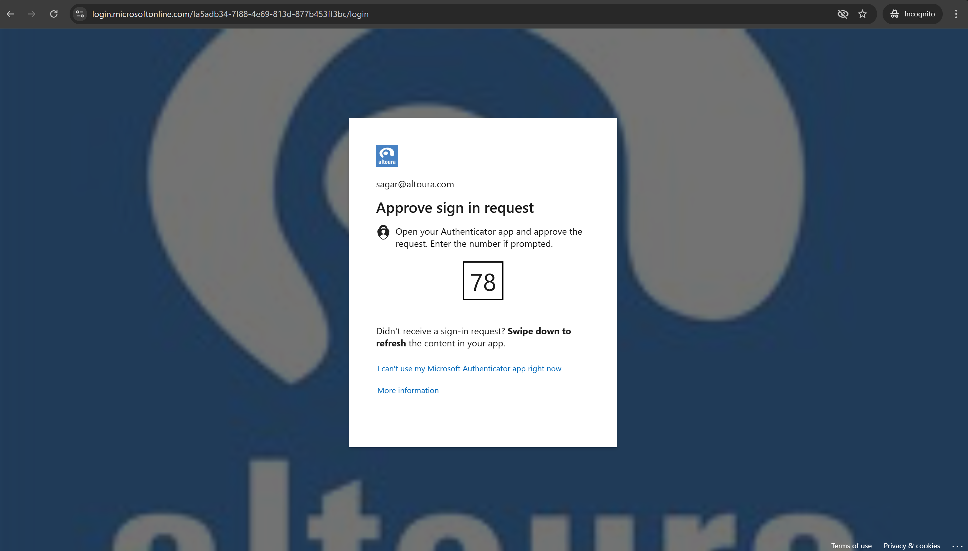 Microsoft 'Approve sign in request' page branded with the Altoura logo, showing a 2-digit verification number, instructions to open the Authenticator app and enter the number, and links for alternative options.