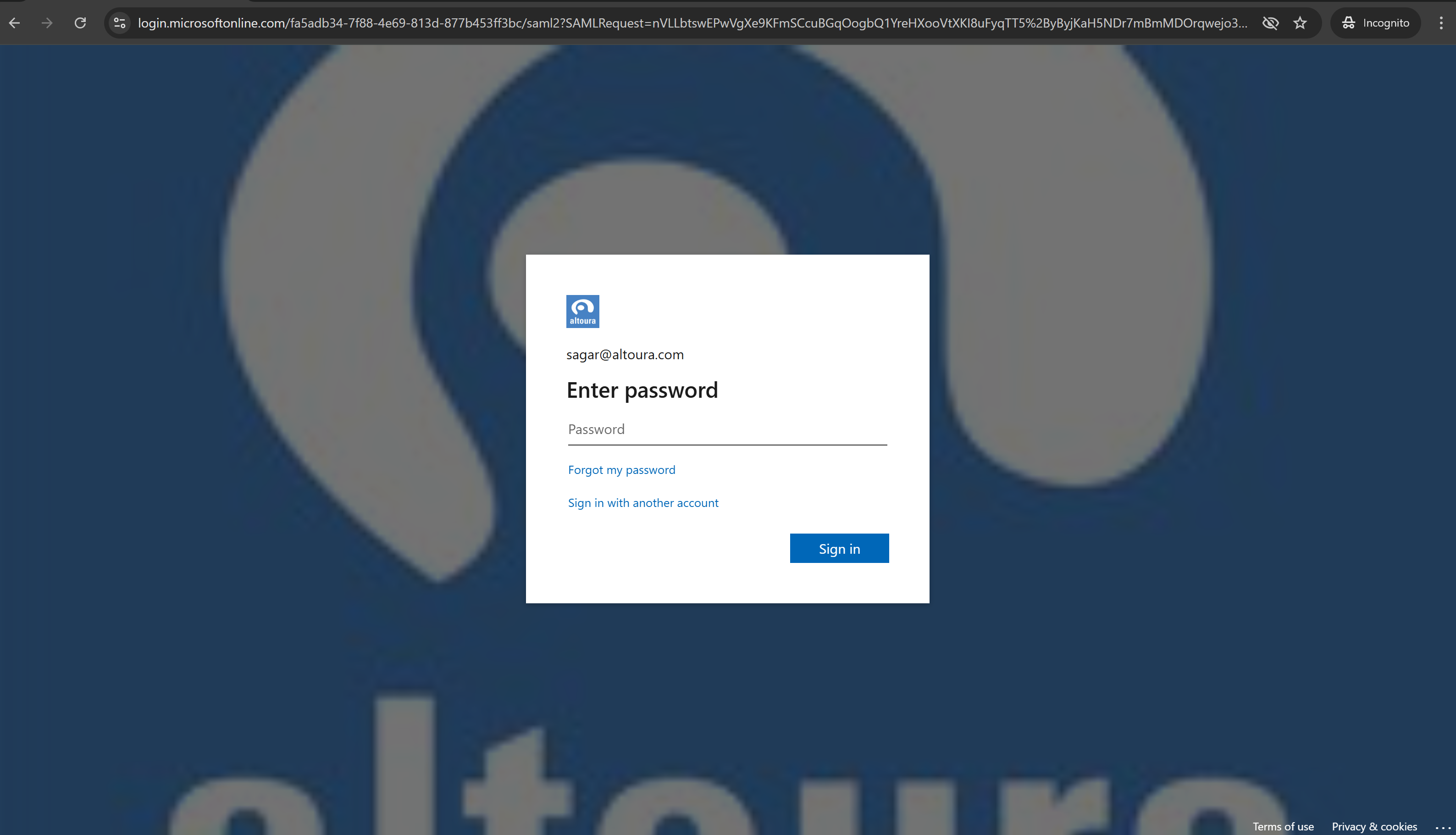 Microsoft 'Enter password' page branded with the Altoura logo, showing the pre-filled email, a Password field, a Forgot my password link, a Sign in with another account link, and a Sign in button.