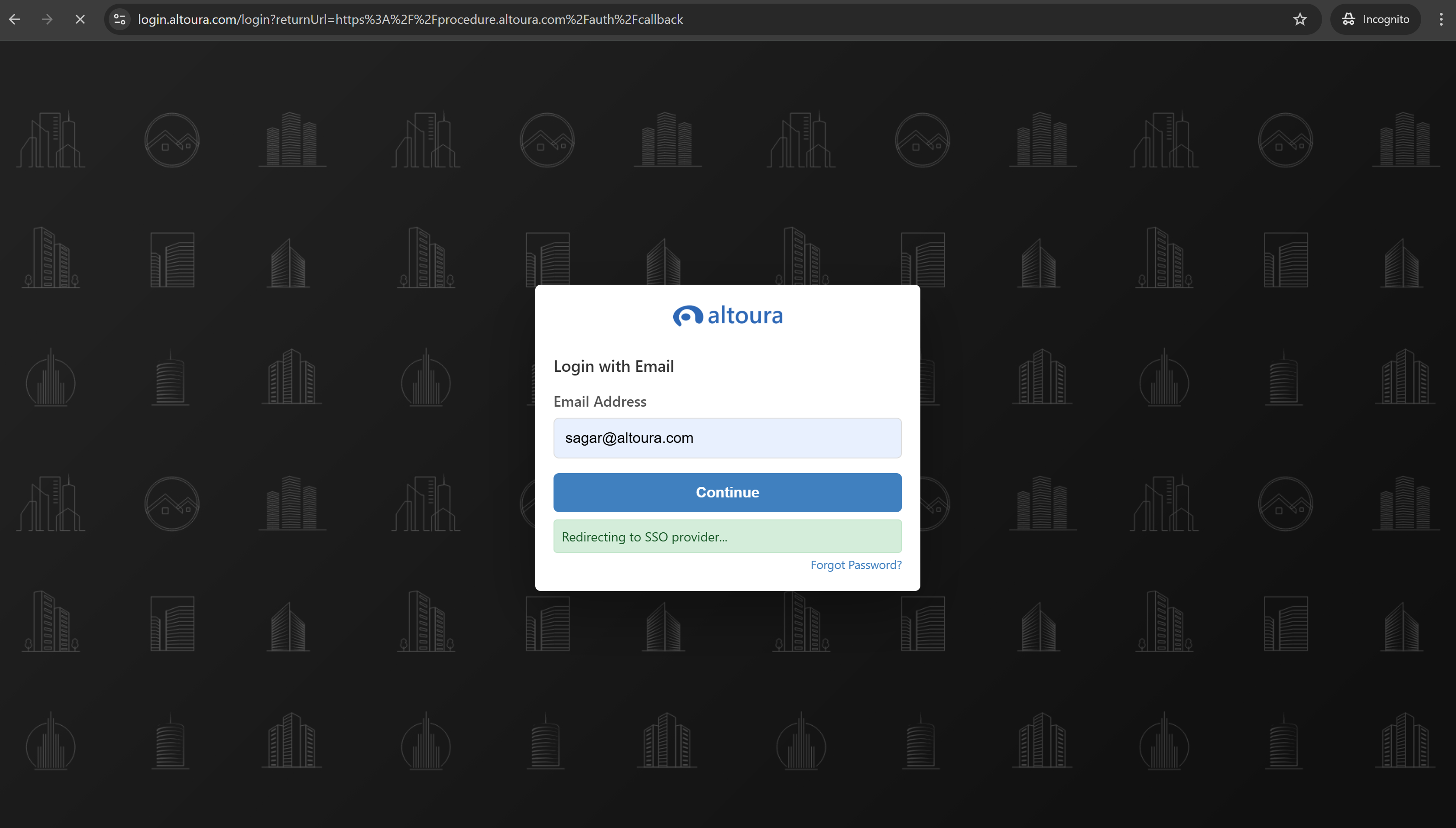 Altoura Login with Email screen with an email address filled in, the Continue button active, and a 'Redirecting to SSO provider...' confirmation message visible below it.