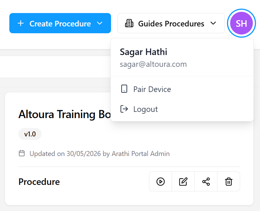 The profile avatar dropdown opened from the top-right of the Procedures page, showing the user's name (Sagar Hathi), email, a Pair Device option, and a Logout option.