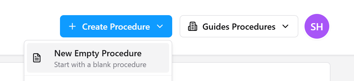 Create Procedure dropdown opened, with the New Empty Procedure option highlighted.