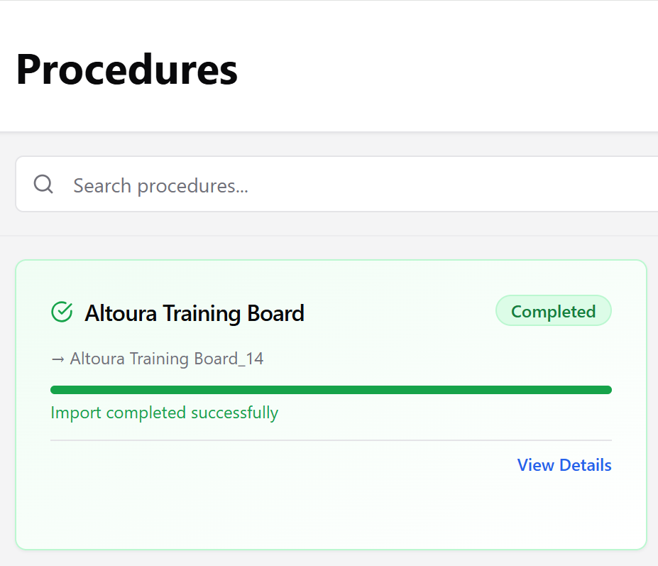 Completed import card with a green Completed status and an Import completed successfully message.