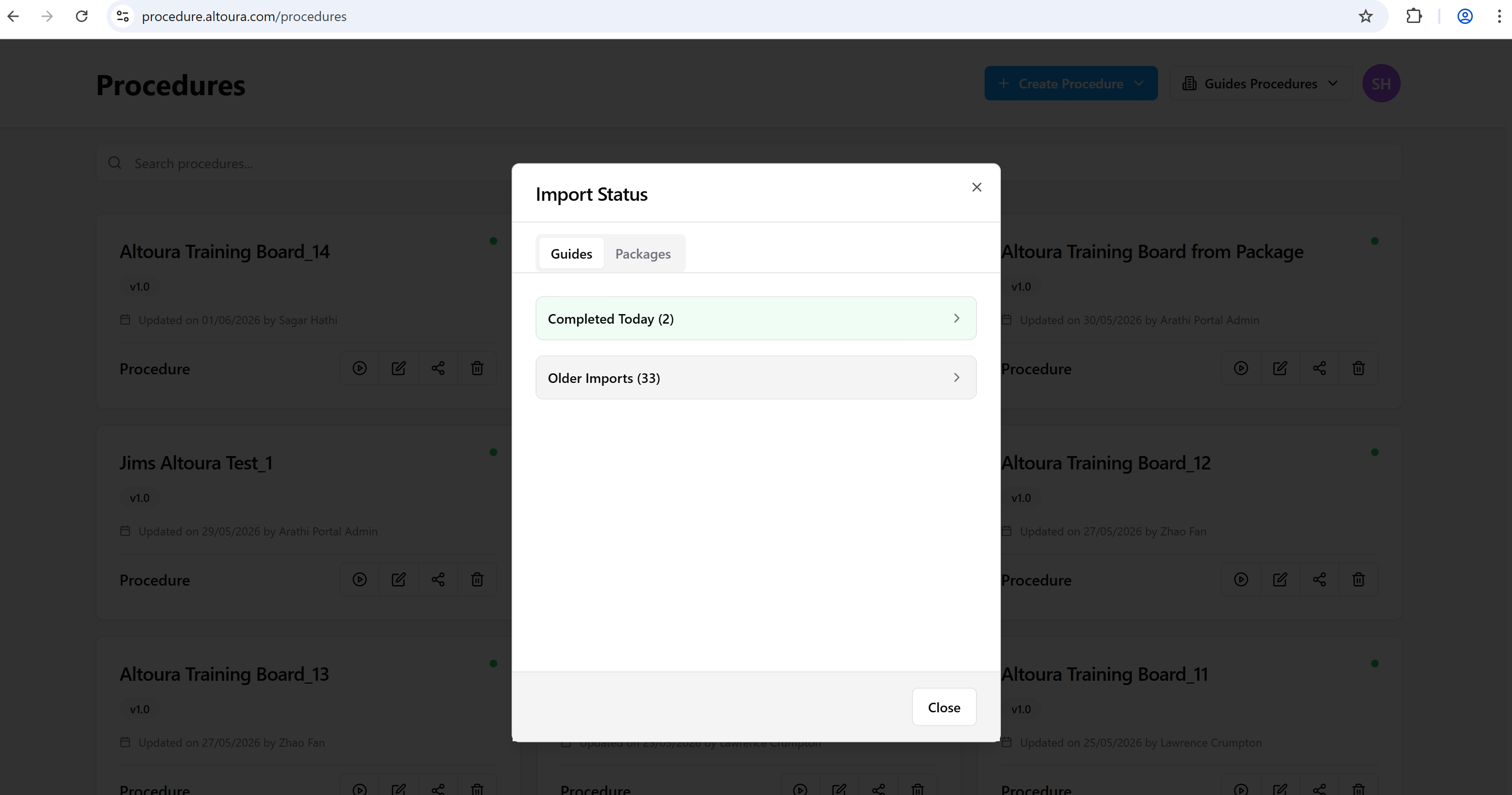 Import Status dialog on the Guides tab with collapsed Completed Today and Older Imports sections.