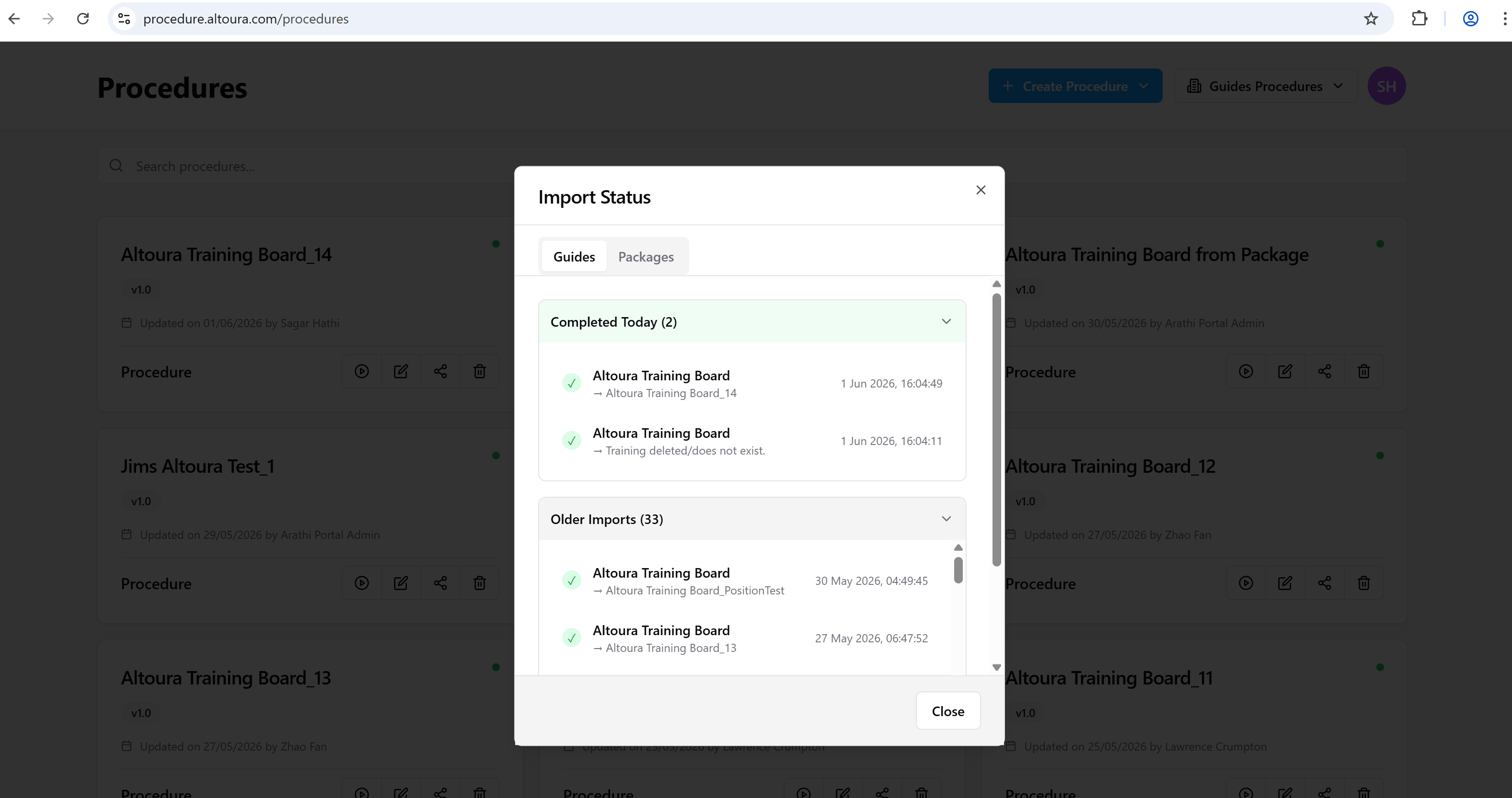 Import Status dialog with the Completed Today and Older Imports sections expanded, showing individual import entries with timestamps and resulting procedure names.