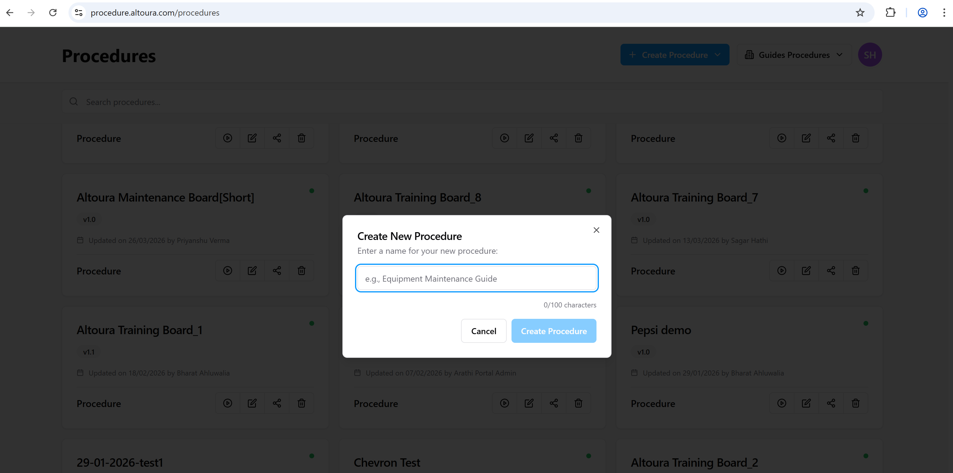 Create New Procedure dialog with an empty name field showing the placeholder 'e.g., Equipment Maintenance Guide' and a character counter at 0/100.
