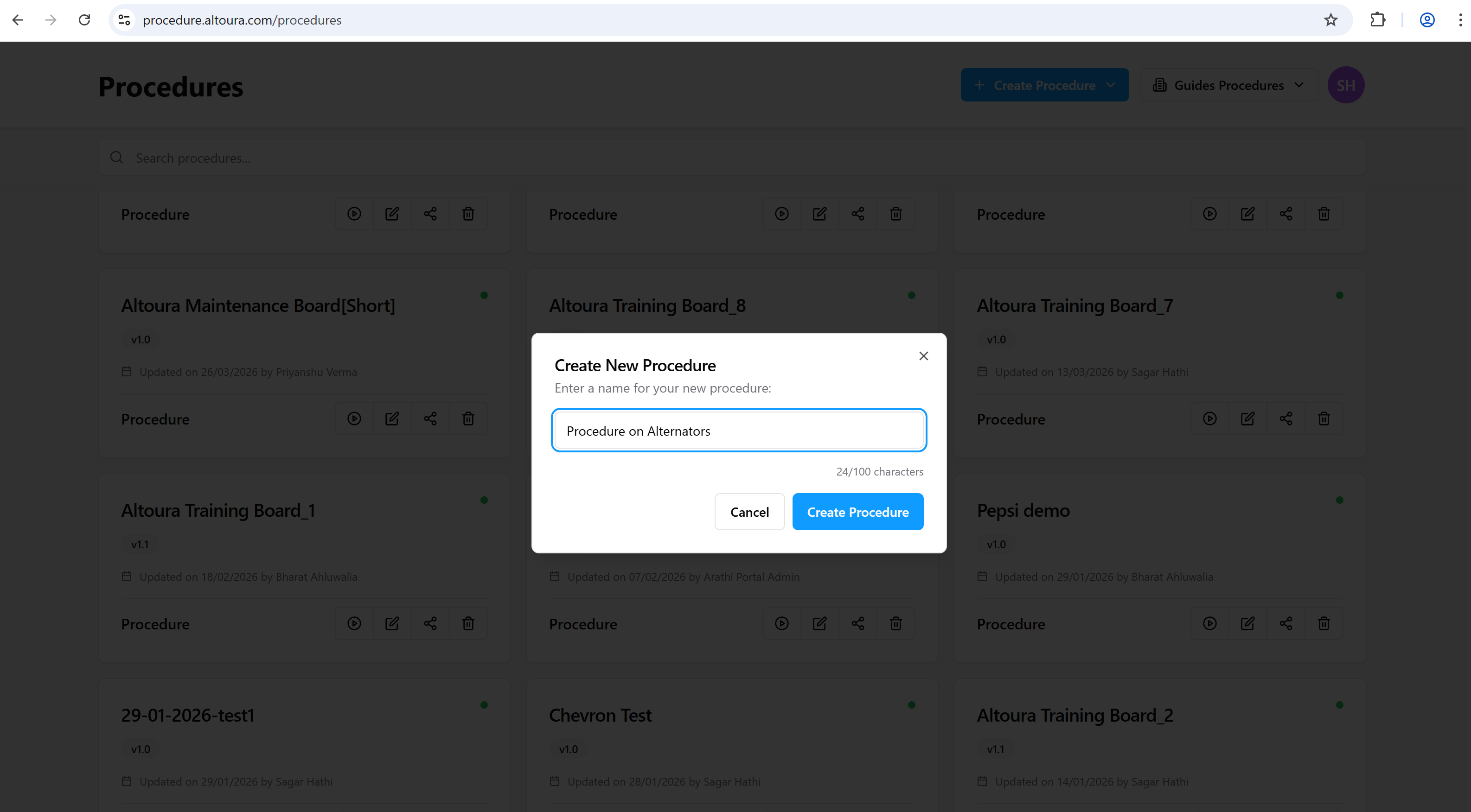 Create New Procedure dialog with the name 'Procedure on Alternators' entered; the Create Procedure button is now active.