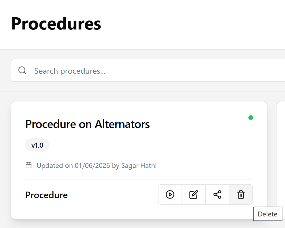 A procedure card with the Delete icon highlighted and a Delete tooltip visible.