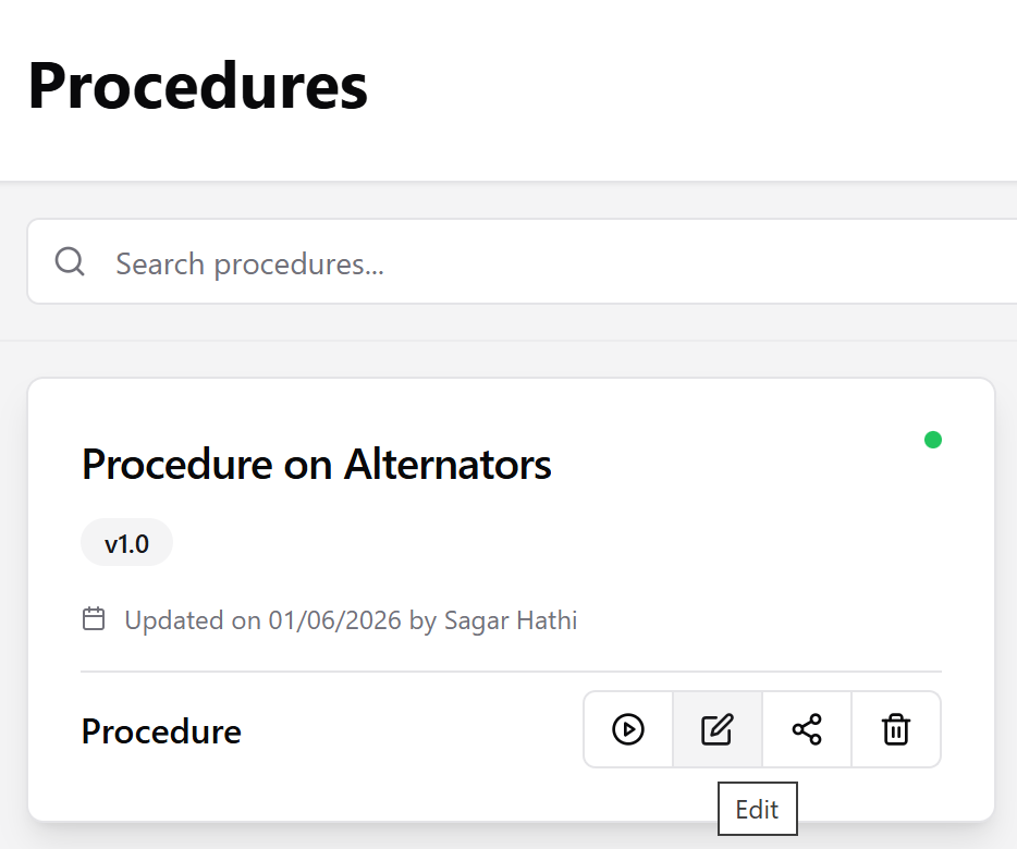 A procedure card with the Edit icon highlighted and an Edit tooltip visible.