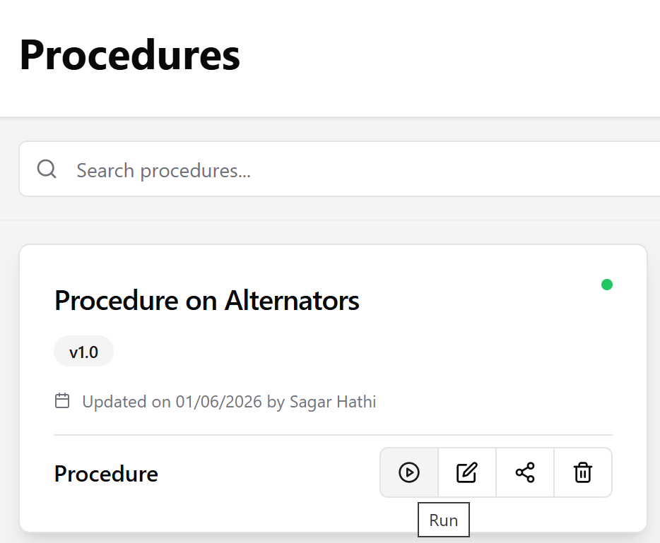 A procedure card with the Run icon highlighted and a Run tooltip visible.