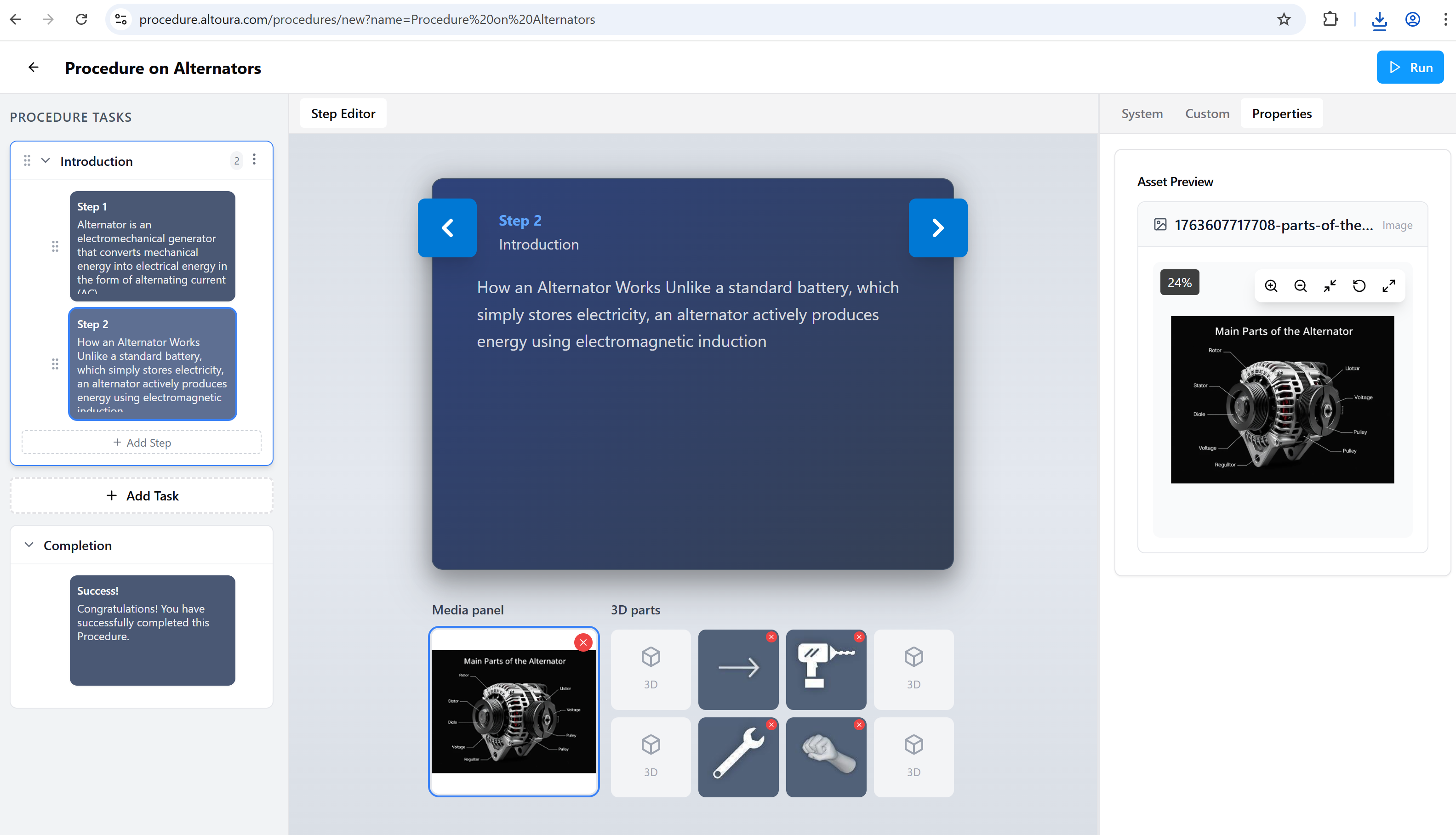 The Step Editor opened for a newly created procedure, showing the Procedure Tasks panel on the left, the step canvas in the center, and the Properties panel on the right.
