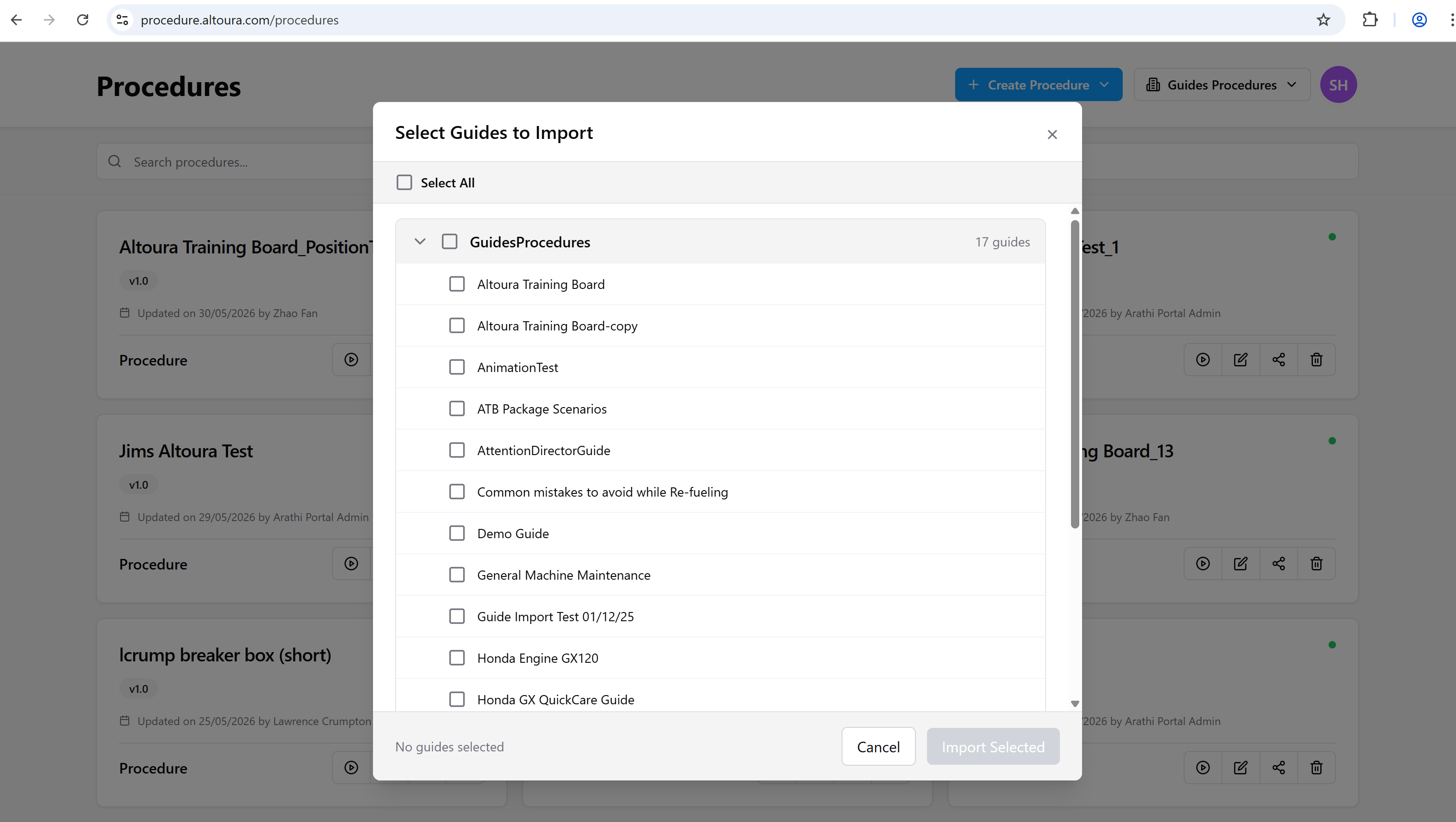 Expanded GuidesProcedures group showing the full list of importable guides, each with a checkbox.