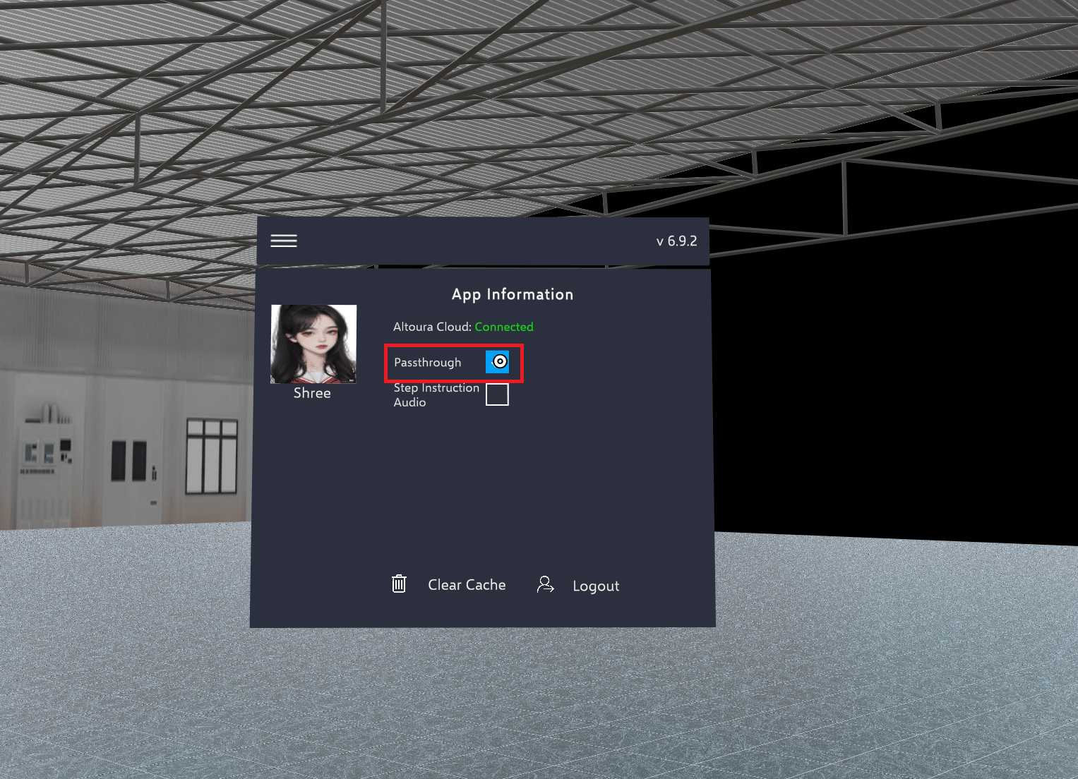 The App Information panel in the Toolbelt menu showing the Passthrough toggle