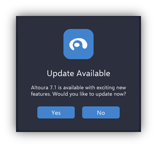 The Update Available prompt asking whether to update now, with Yes and No buttons