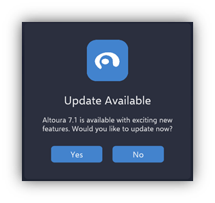 The Update Available prompt asking whether to update now, with Yes and No buttons