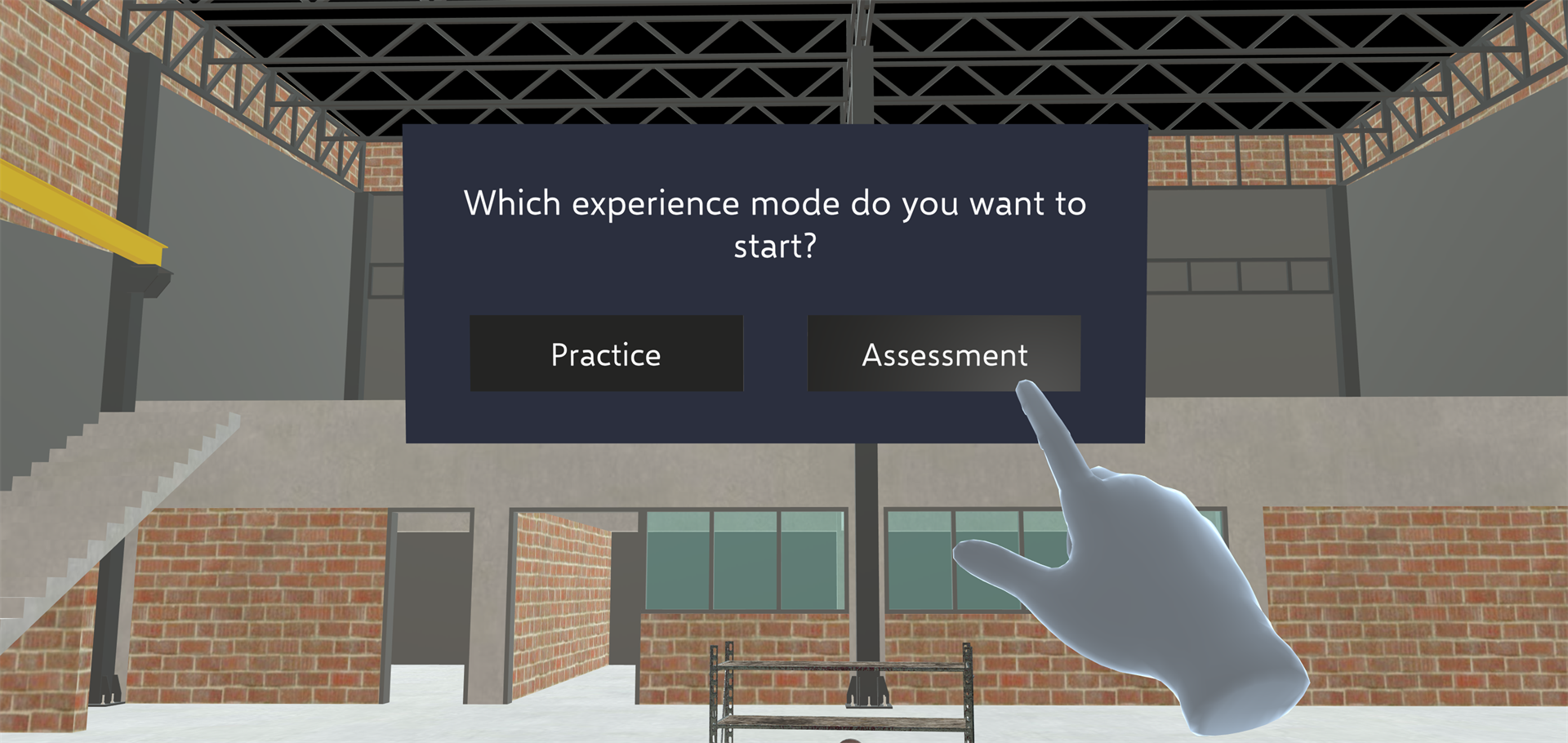 The prompt Which experience mode do you want to start? with Practice and Assessment buttons