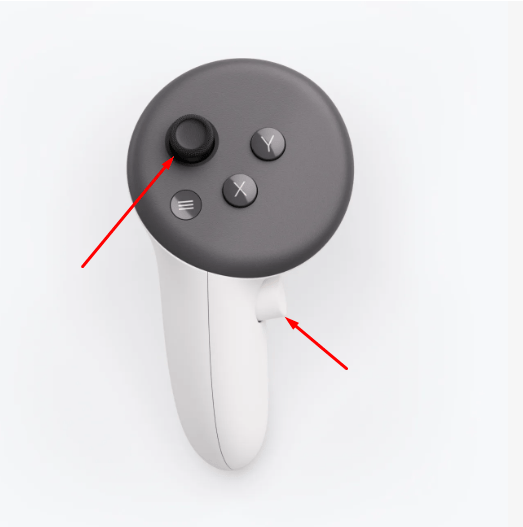 Quest controller with the joystick and Grip button highlighted
