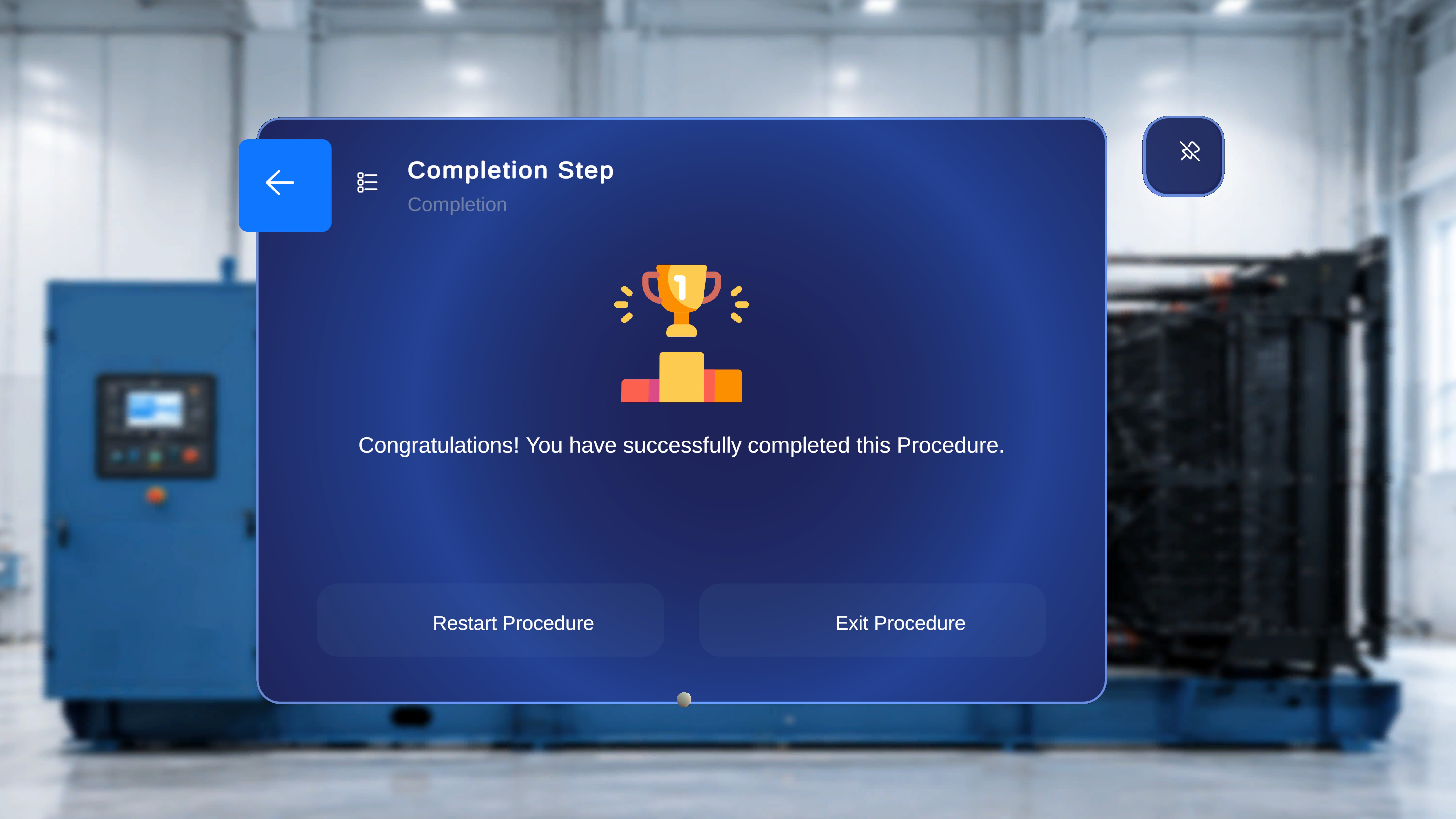 Completion Step panel in Operator Mode displaying the congratulations message with Restart Procedure and Exit Procedure buttons
