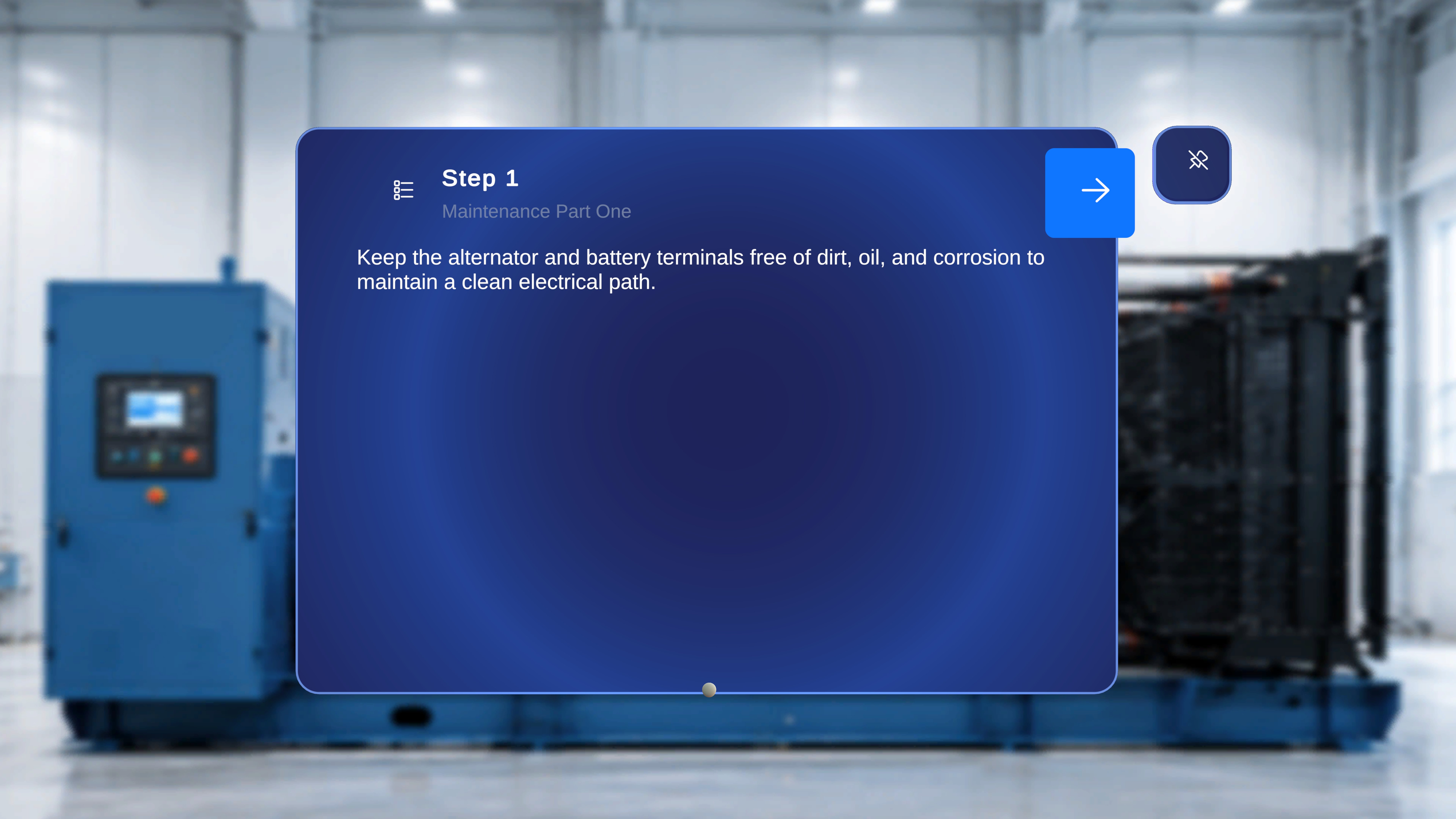 Operator Mode step main panel in focus showing the step number, task title, description, and Back and Next navigation arrows
