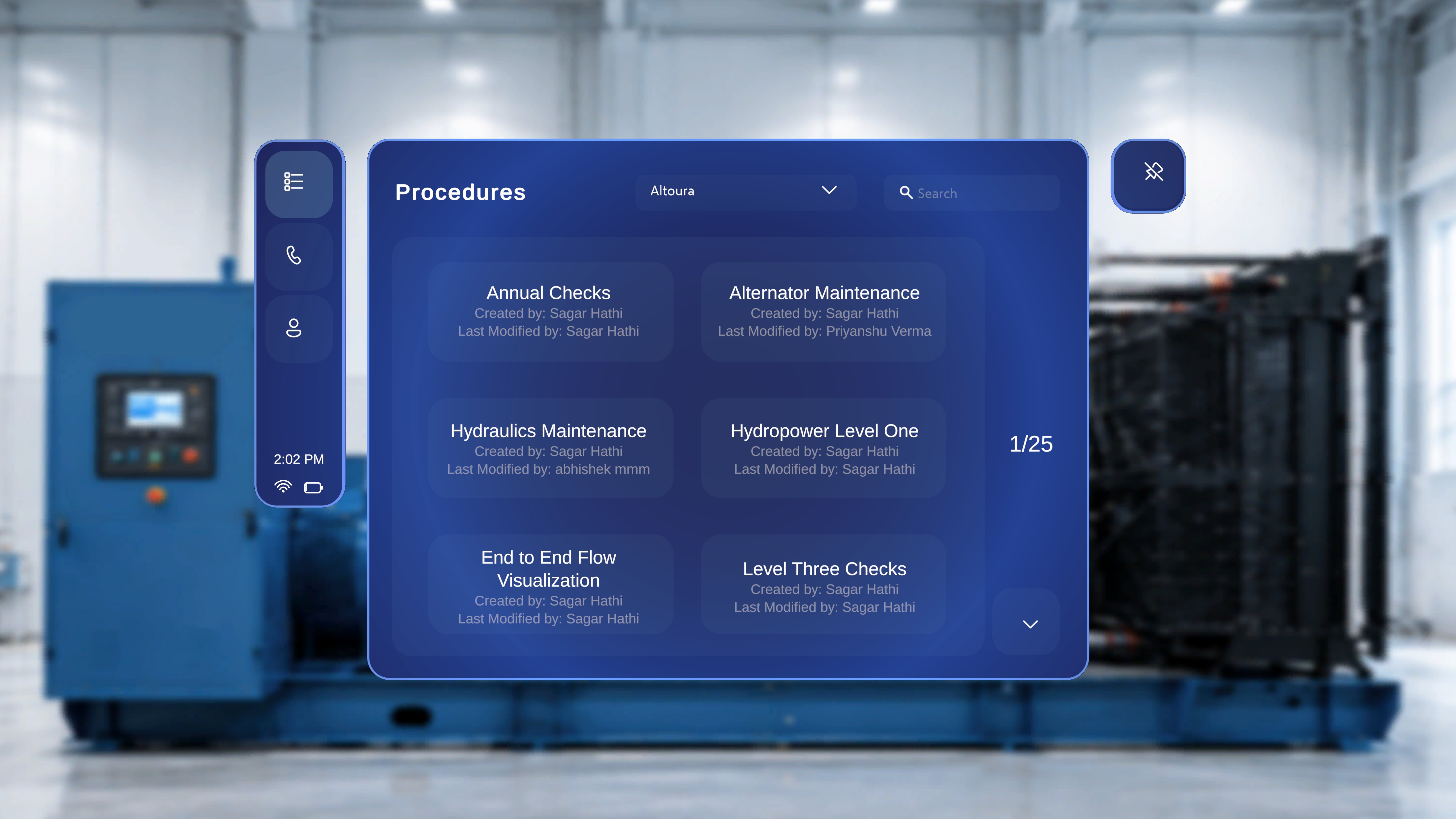 Procedures landing page with the global side menu, organization dropdown, search field, and a grid of procedure cards