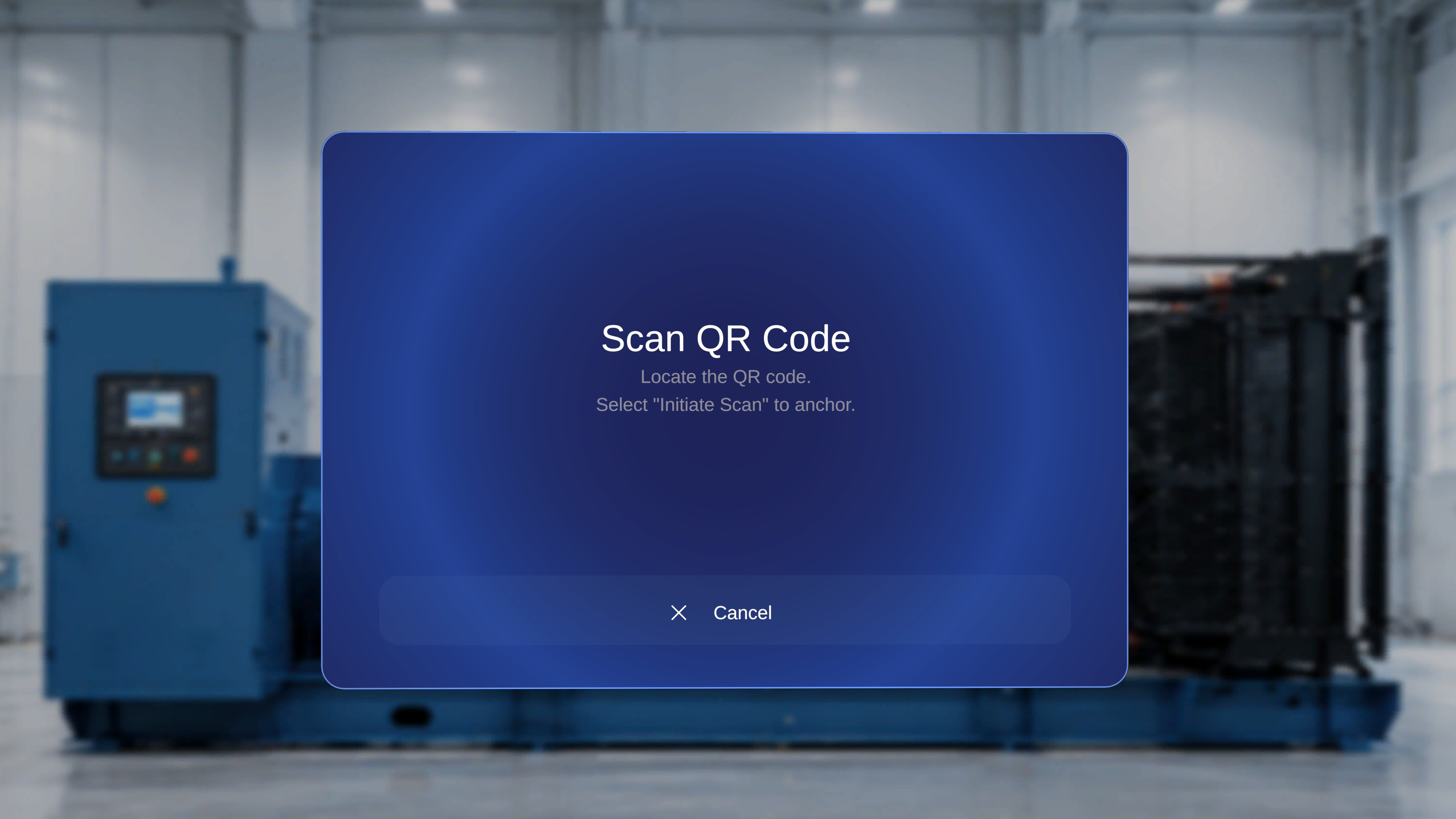 Scan QR Code instruction panel with 'Locate the QR code', 'Select Initiate Scan to anchor', and a Cancel button