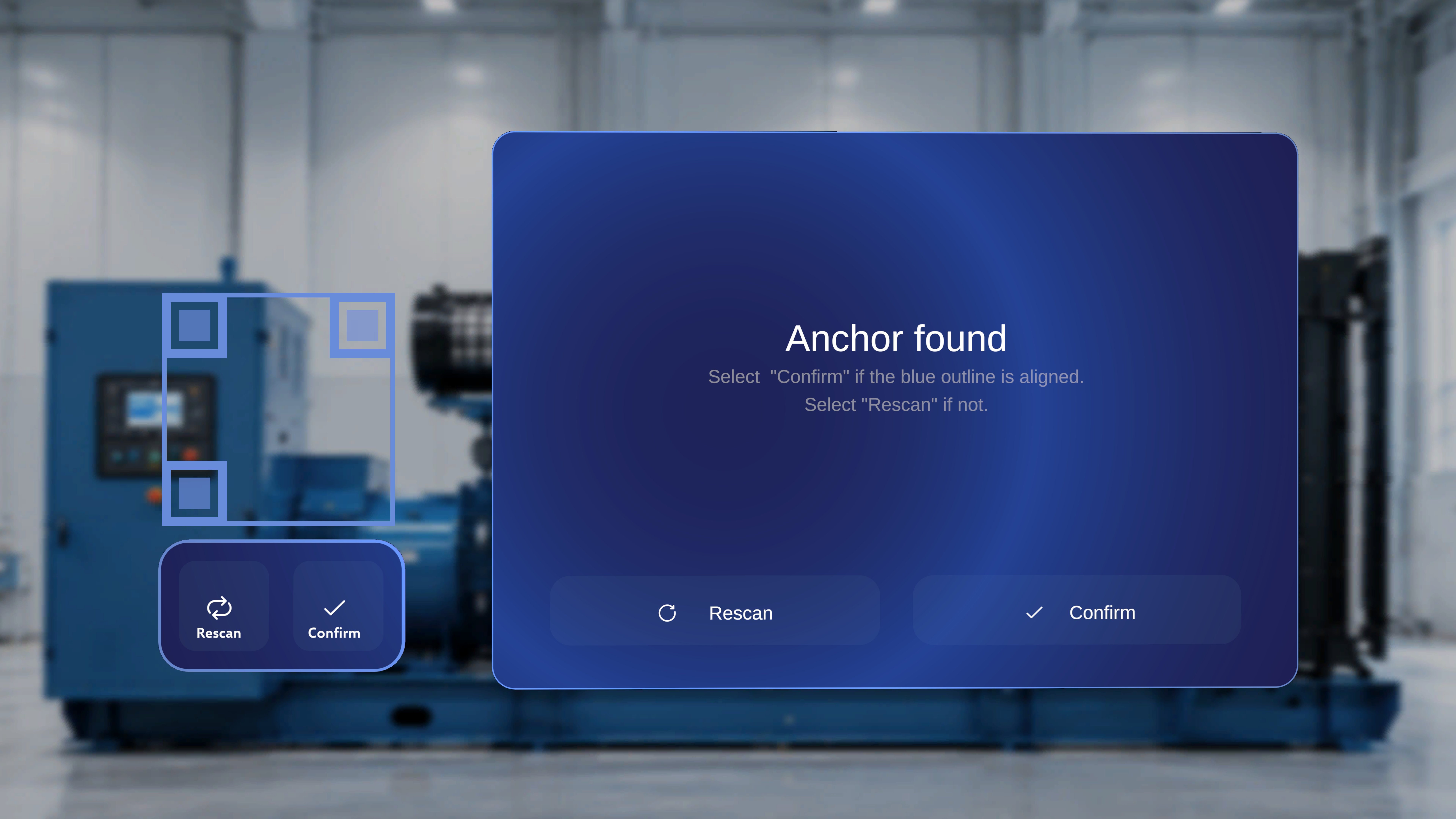 Anchor found confirmation panel next to the detected QR frame with Rescan and Confirm buttons