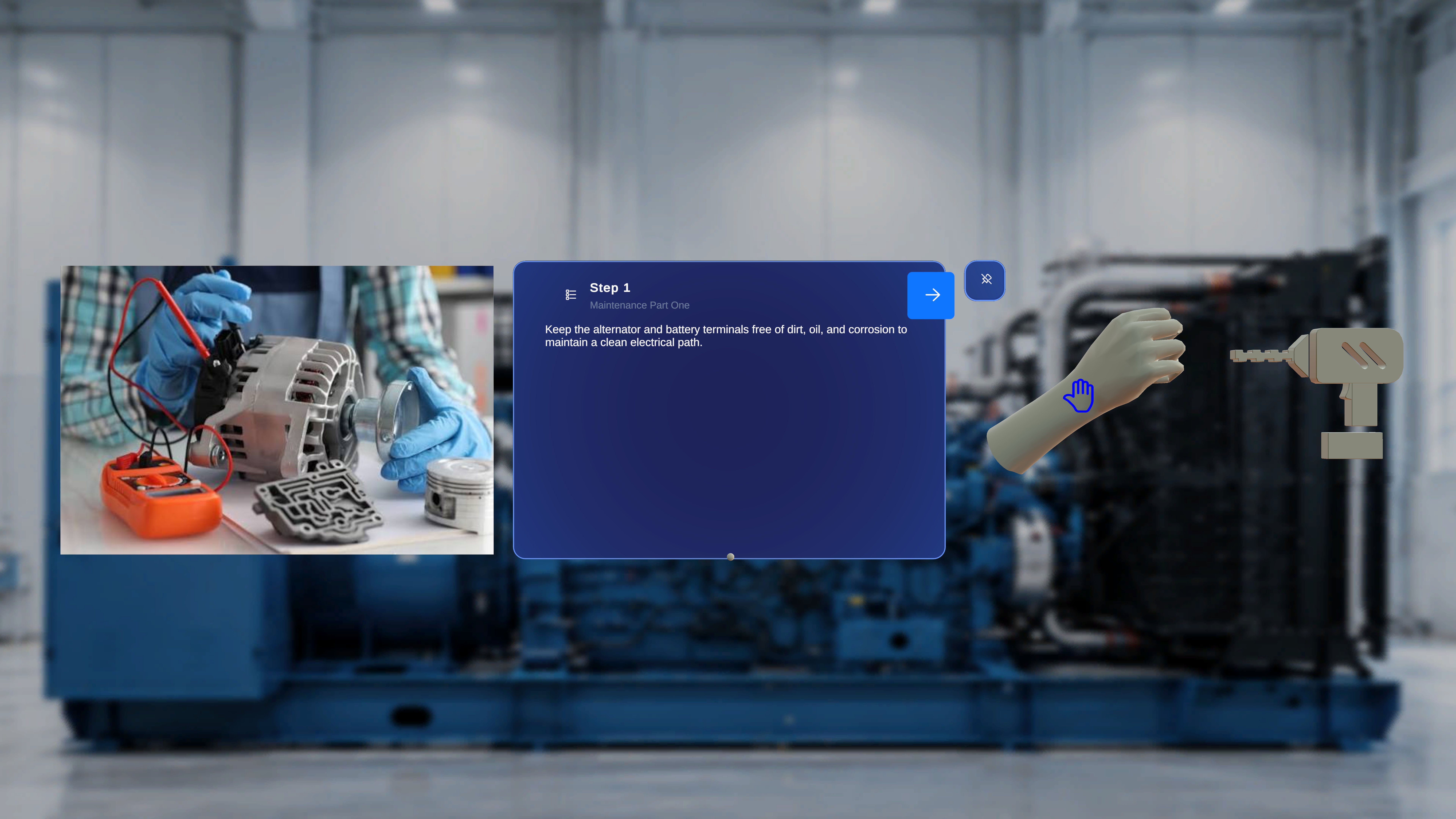 Operator Mode view showing authored 3D models placed in the physical environment alongside the step main panel