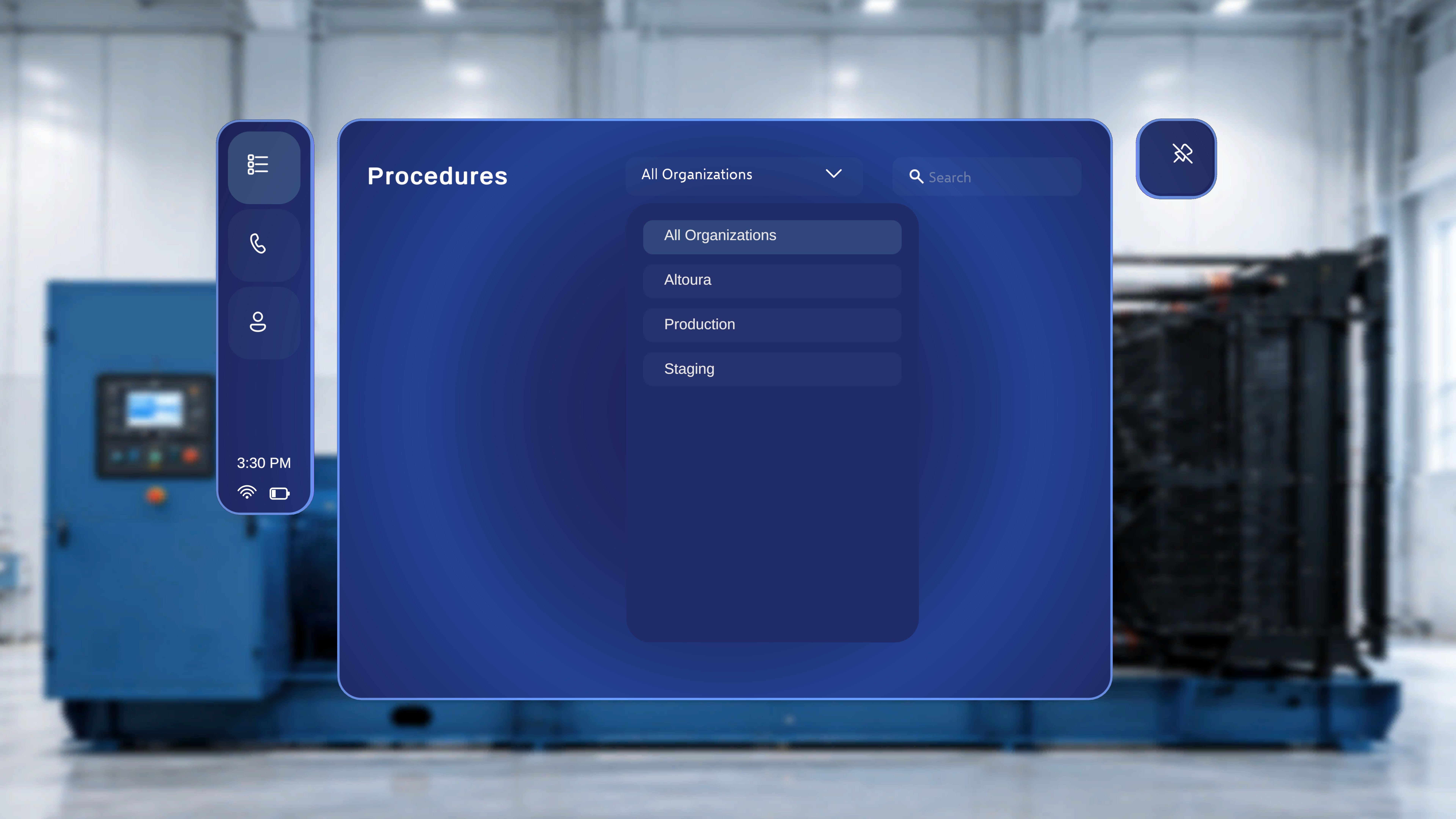 Procedures page with the organization dropdown open, showing All Organizations, Altoura, Production, and Staging options