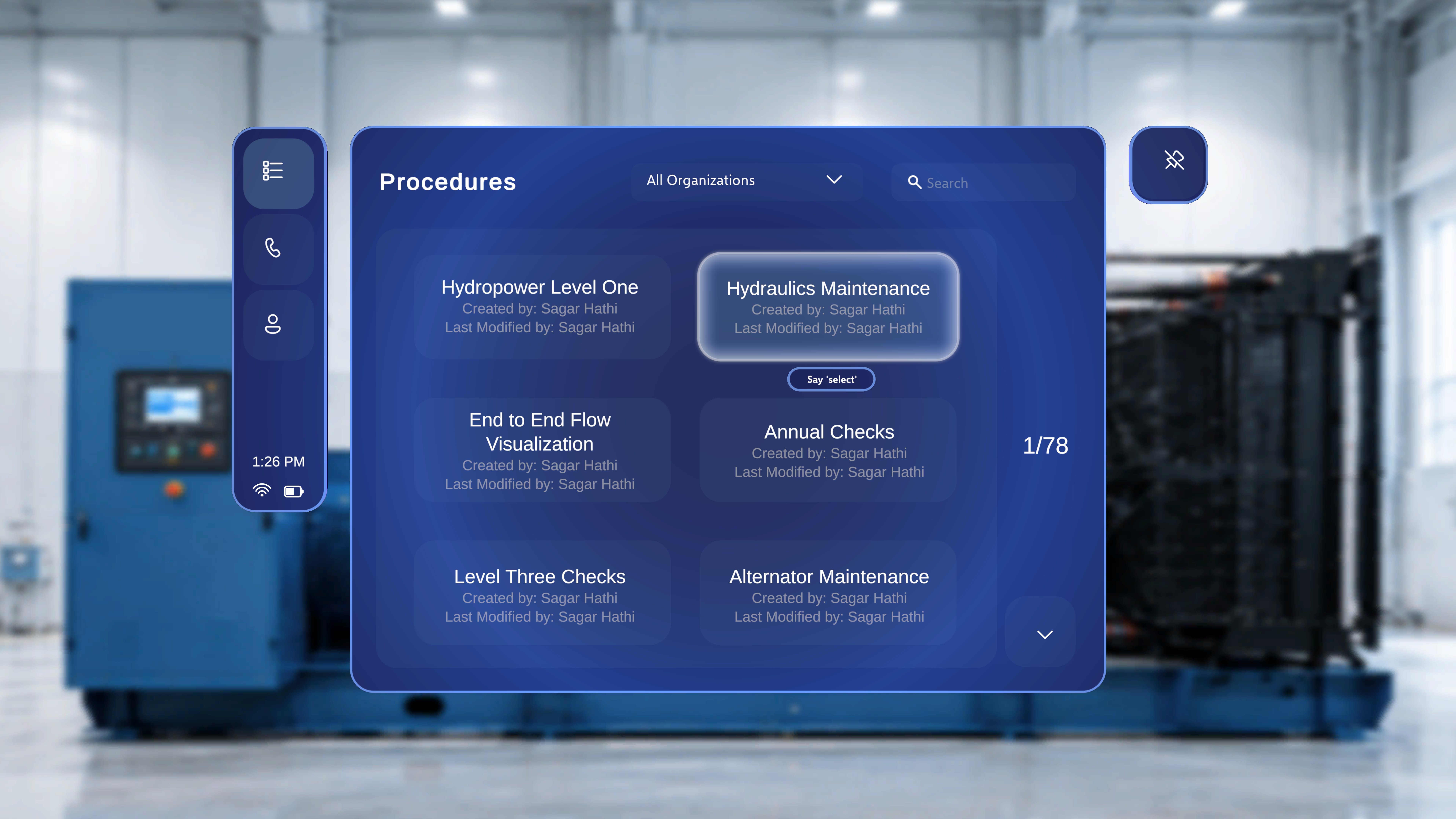 A procedure card in focus with the 'Say select' tooltip beneath it, illustrating ray and gaze targeting
