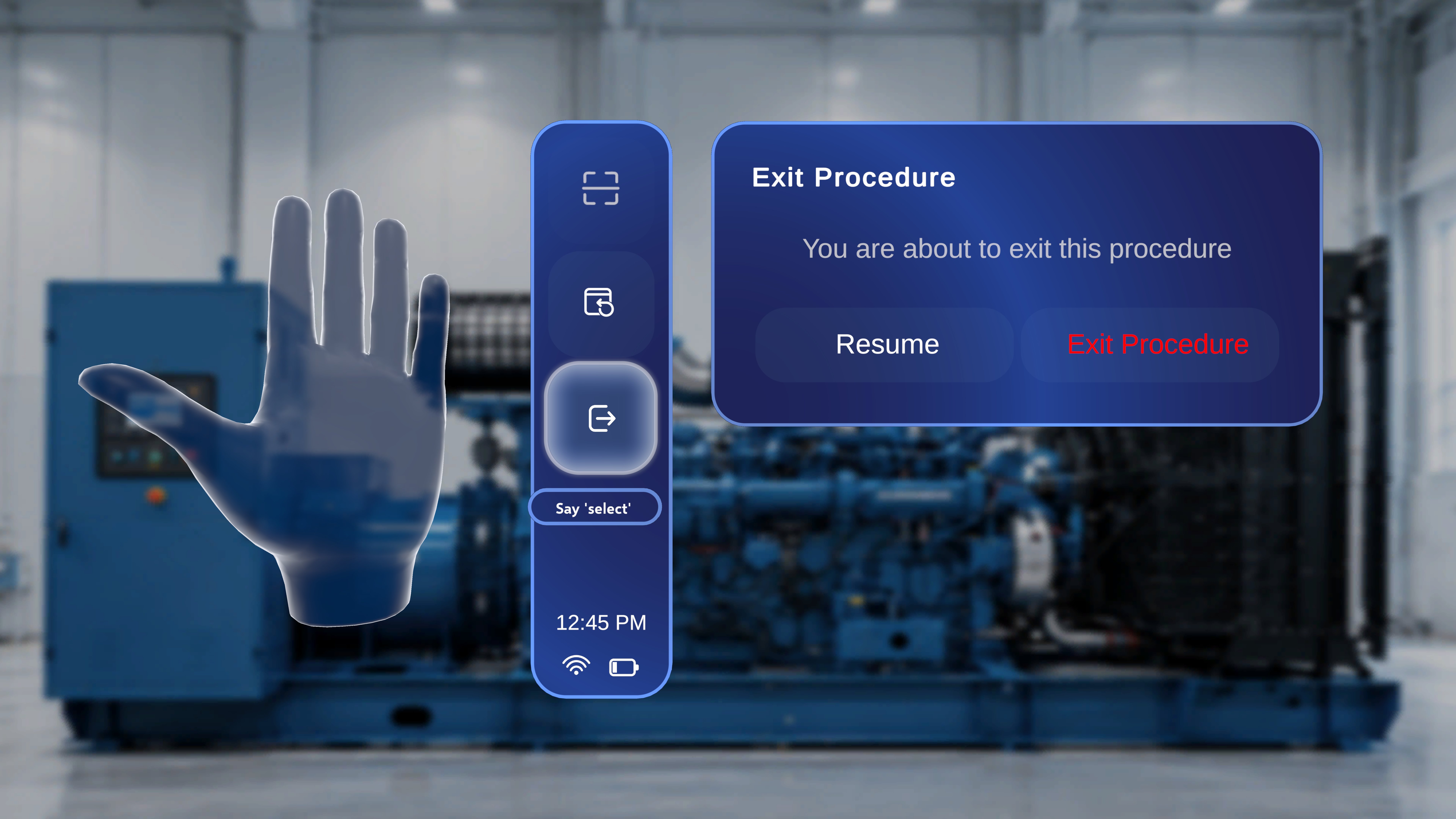 Exit Procedure confirmation popup with Resume and Exit Procedure options