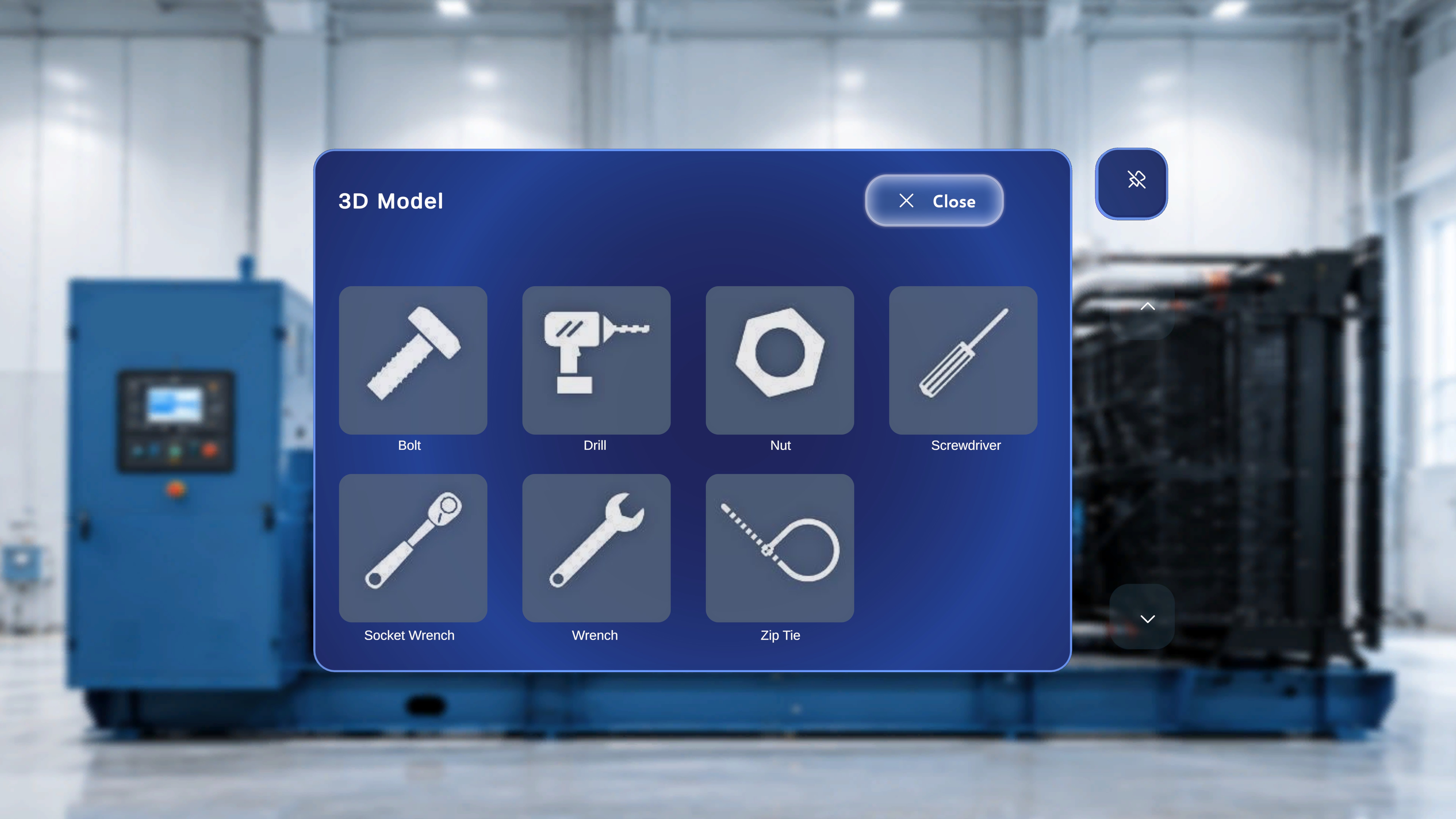 The Close button in the top-right corner of the catalogue is highlighted, indicating it is in focus.