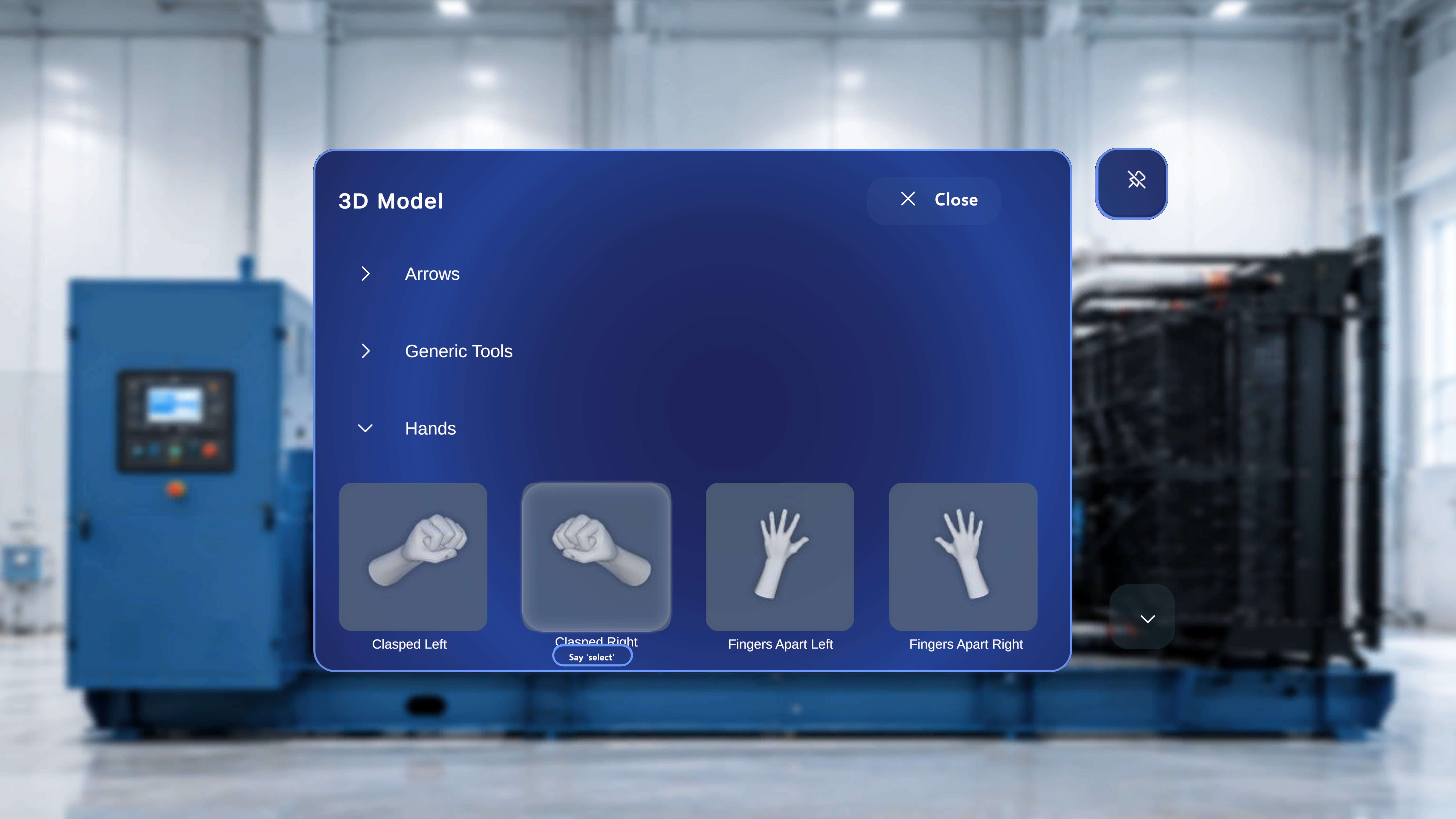 A tile in the 3D Model panel in focus, showing the 'Say select' tooltip beneath it