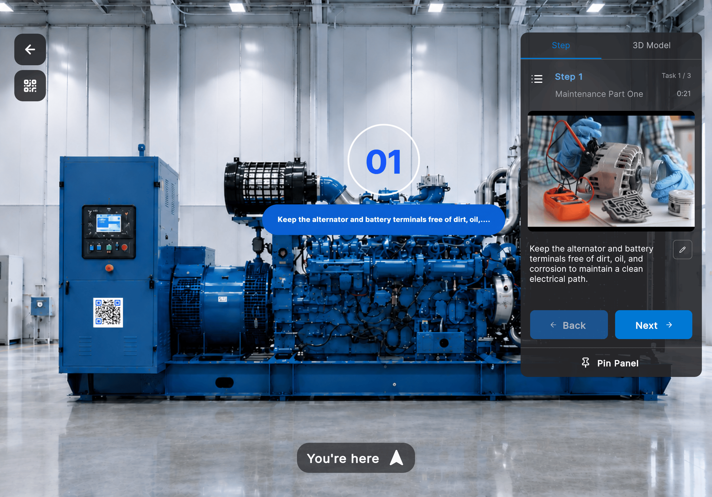 Pinned procedure panel with a numbered augmented reality marker