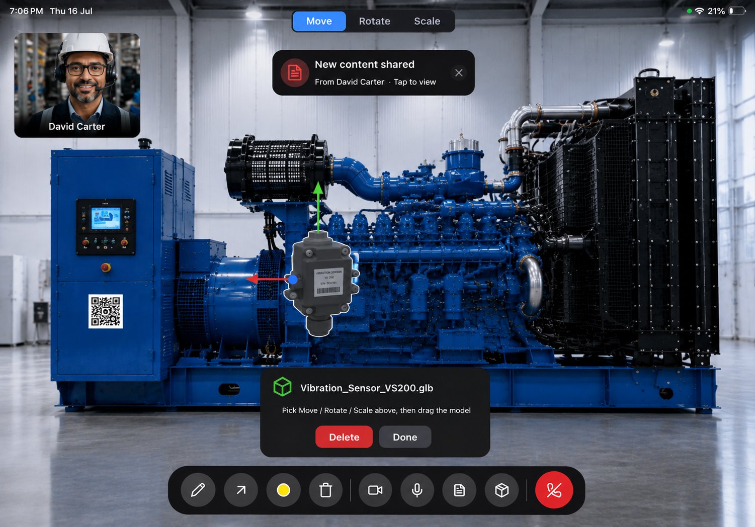 3D model positioned in the workspace with Move, Rotate, and Scale transform tools during a Remote Expert session