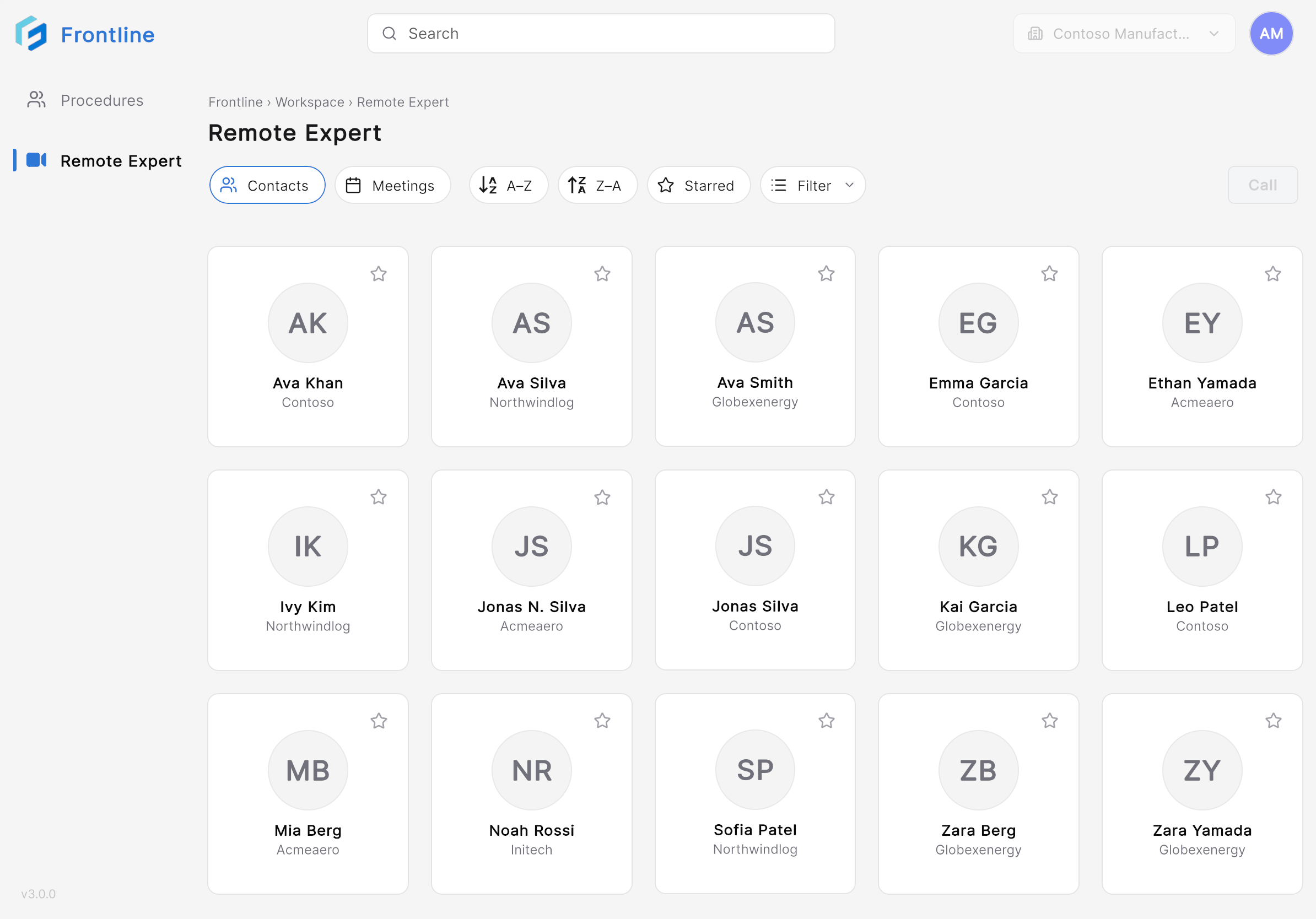Remote Expert Contacts tab showing people available to call