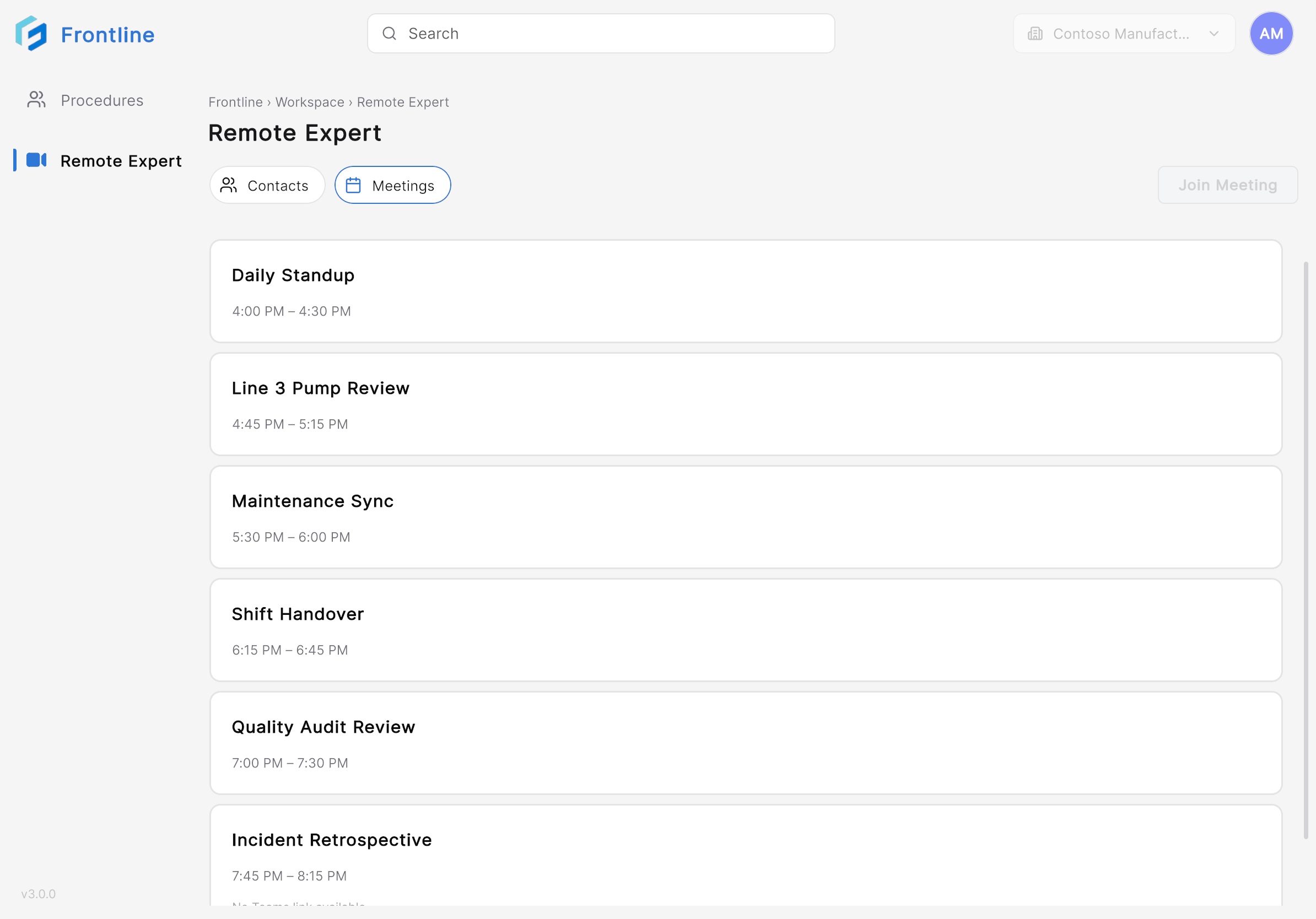 Meetings tab listing scheduled Teams meetings