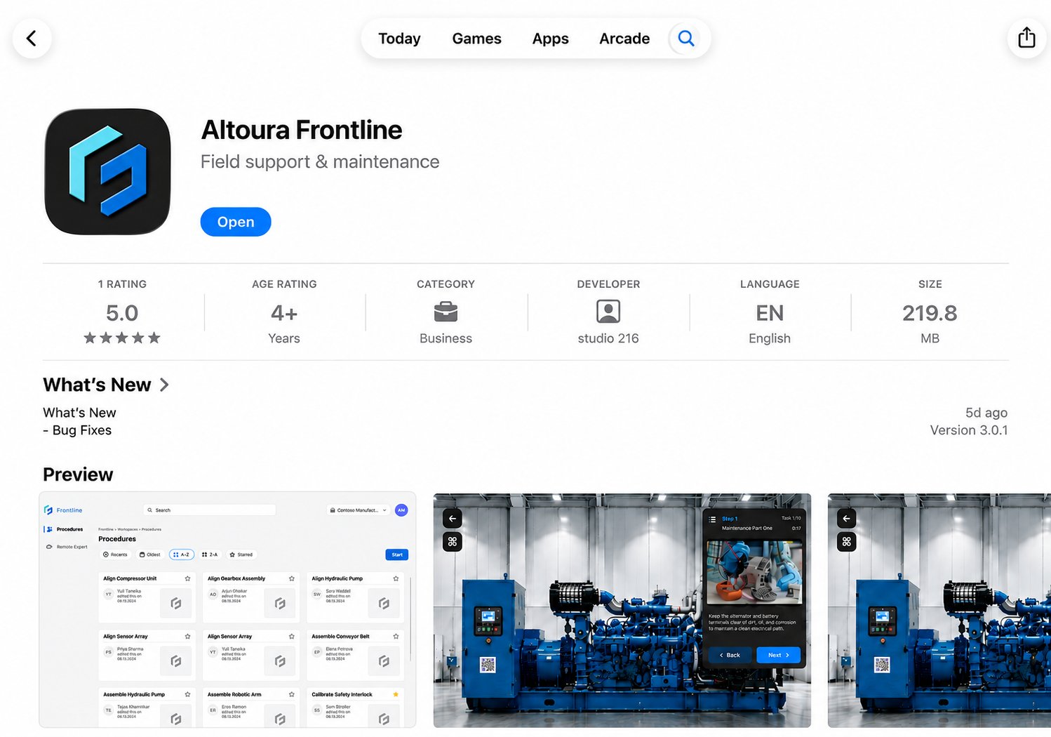 Altoura Frontline App Store page showing the Open button