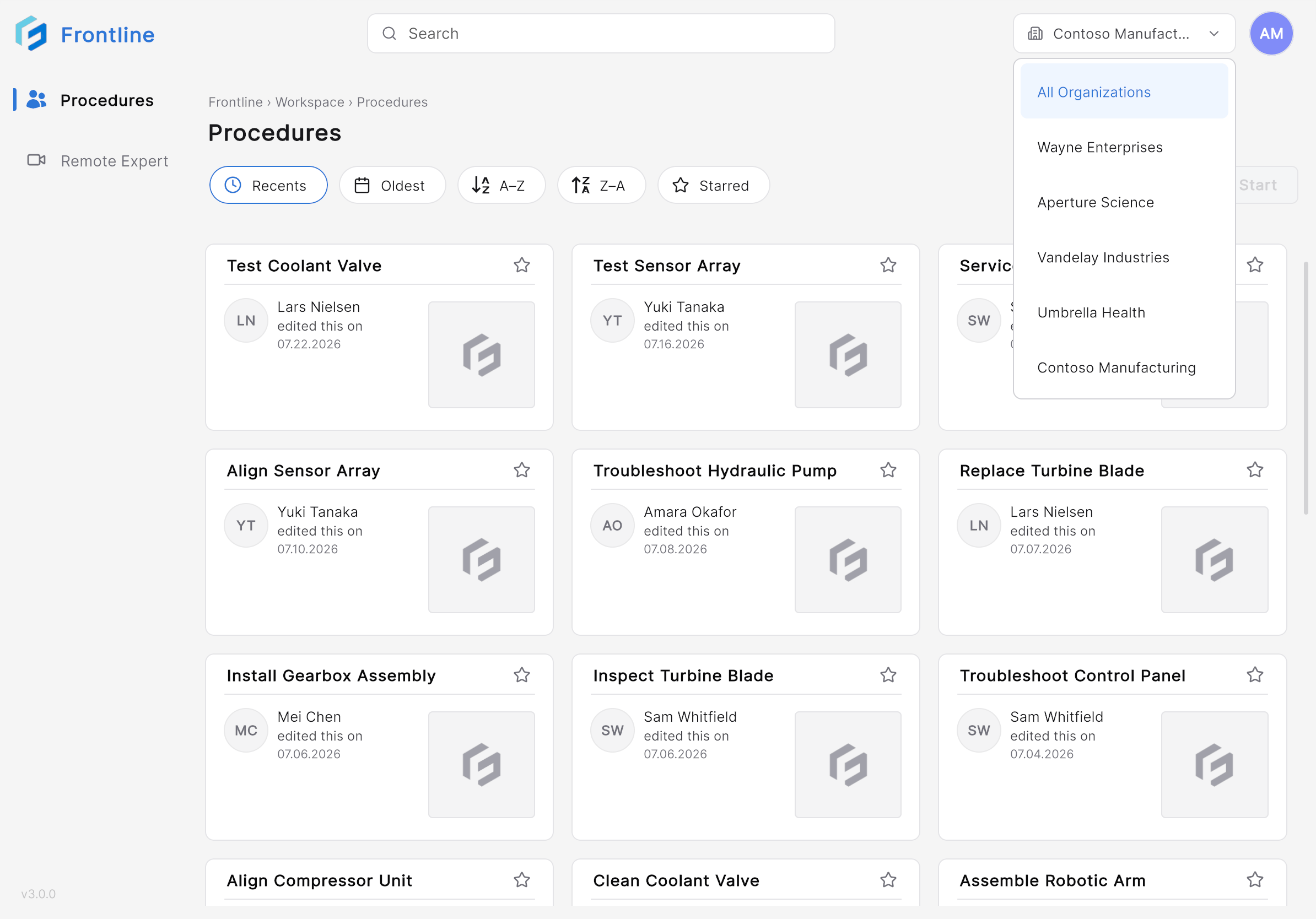 Organization selector dropdown open on the Home page