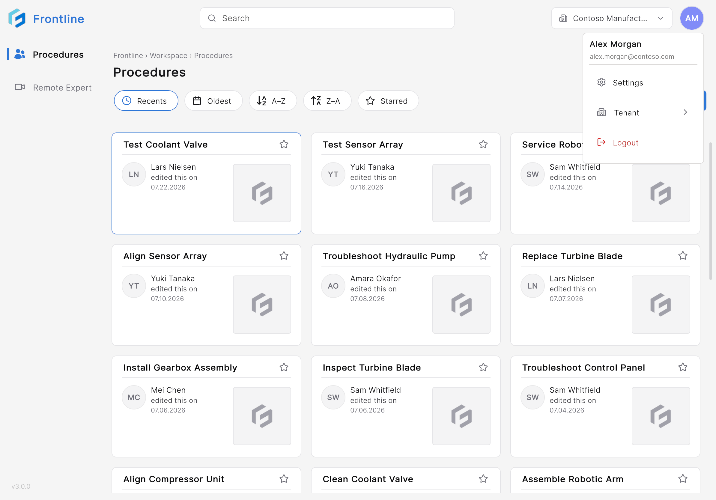 Profile menu with account information, settings, QR code anchoring, and sign out