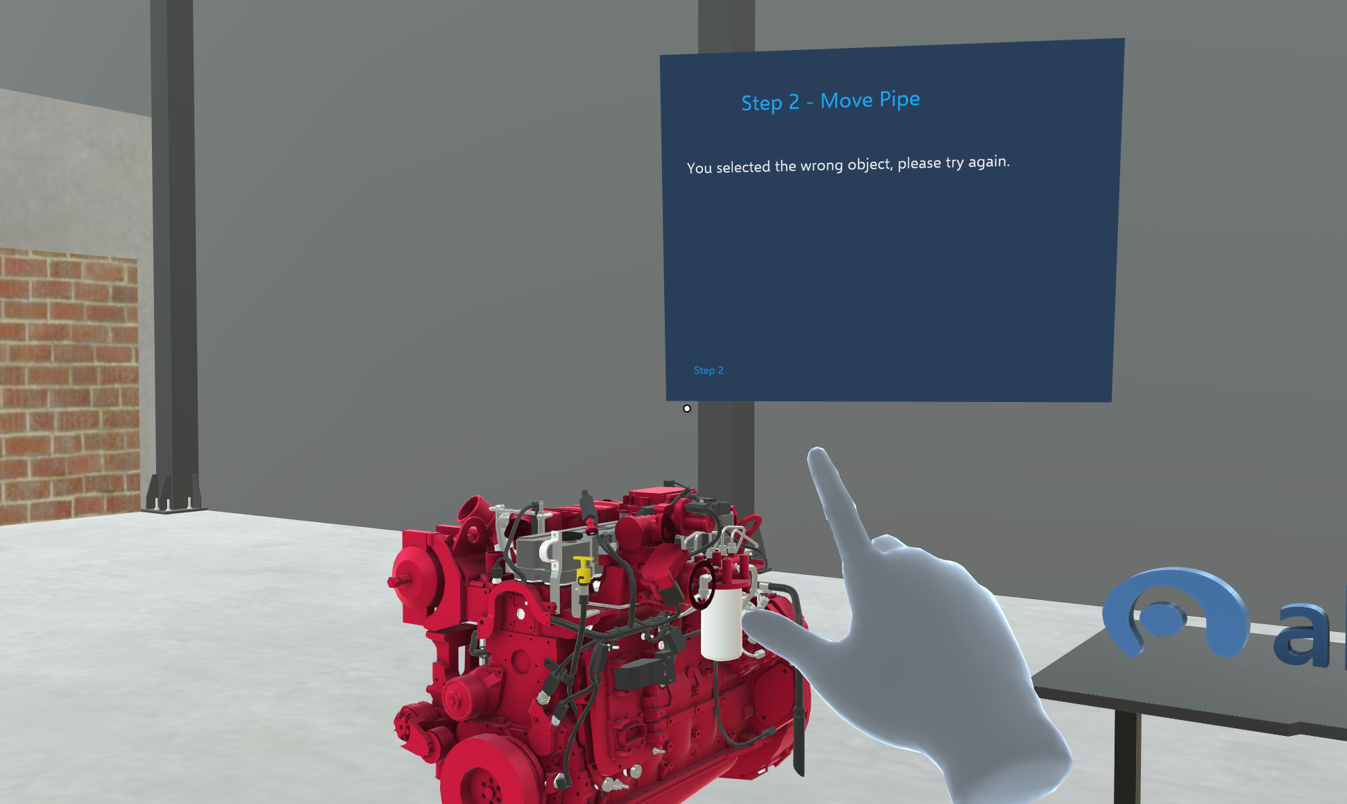 The step panel in Assessment mode showing the step title and the message You selected the wrong object, please try again, with no Next or Back buttons