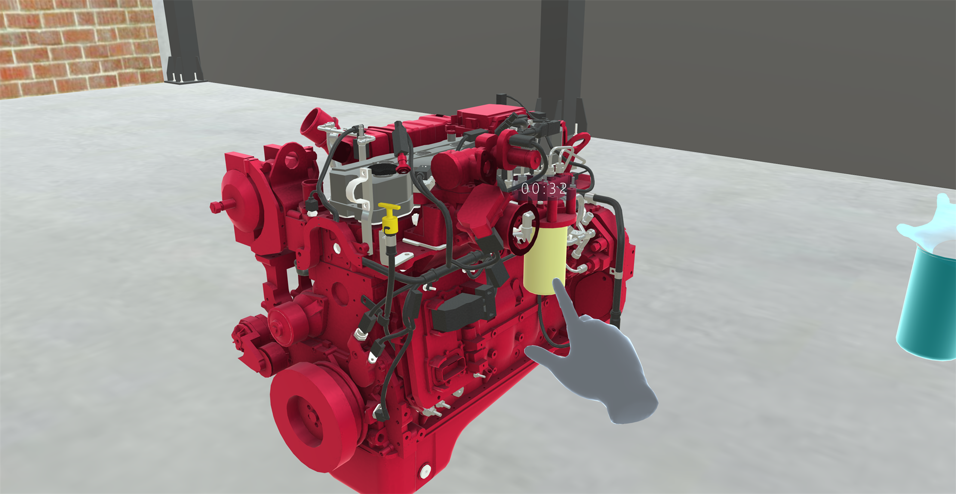 The trainee touching a part of the engine directly with their finger, with no ray showing