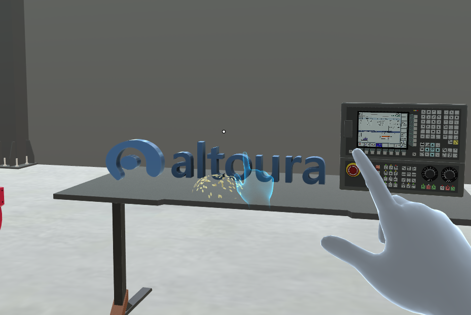 A tap step with a light-blue guide hand tapping the Altoura logo on a table