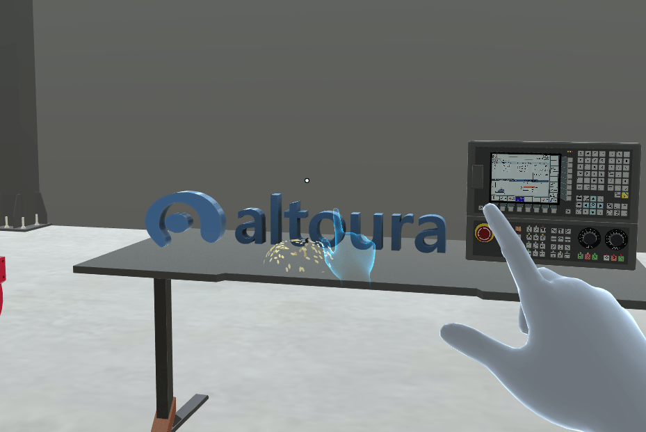 A tap step with a light-blue guide hand tapping the Altoura logo on a table