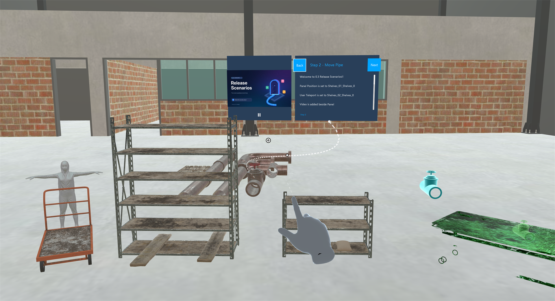 A move step: a tether line leads from the step panel to the pipe to move, a cyan ghost shows the movement, and the target position glows green