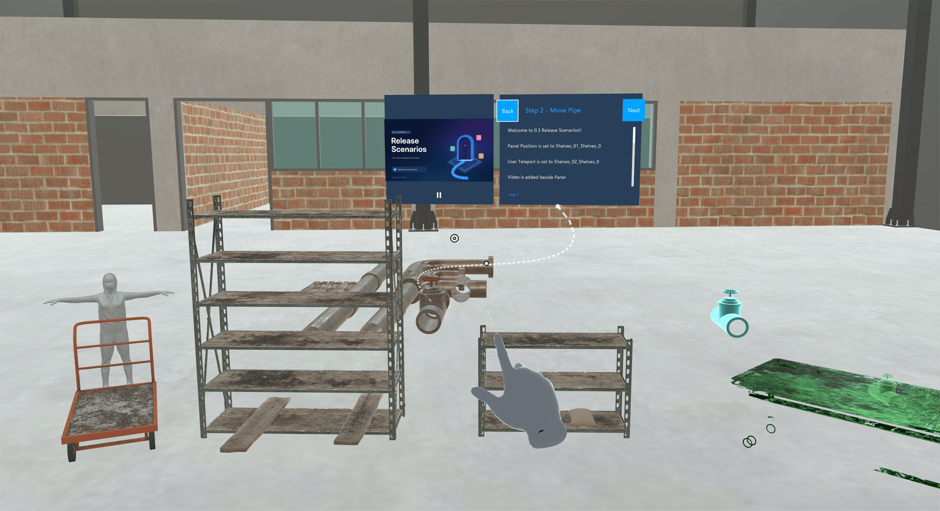 A move step: a tether line leads from the step panel to the pipe to move, a cyan ghost shows the movement, and the target position glows green