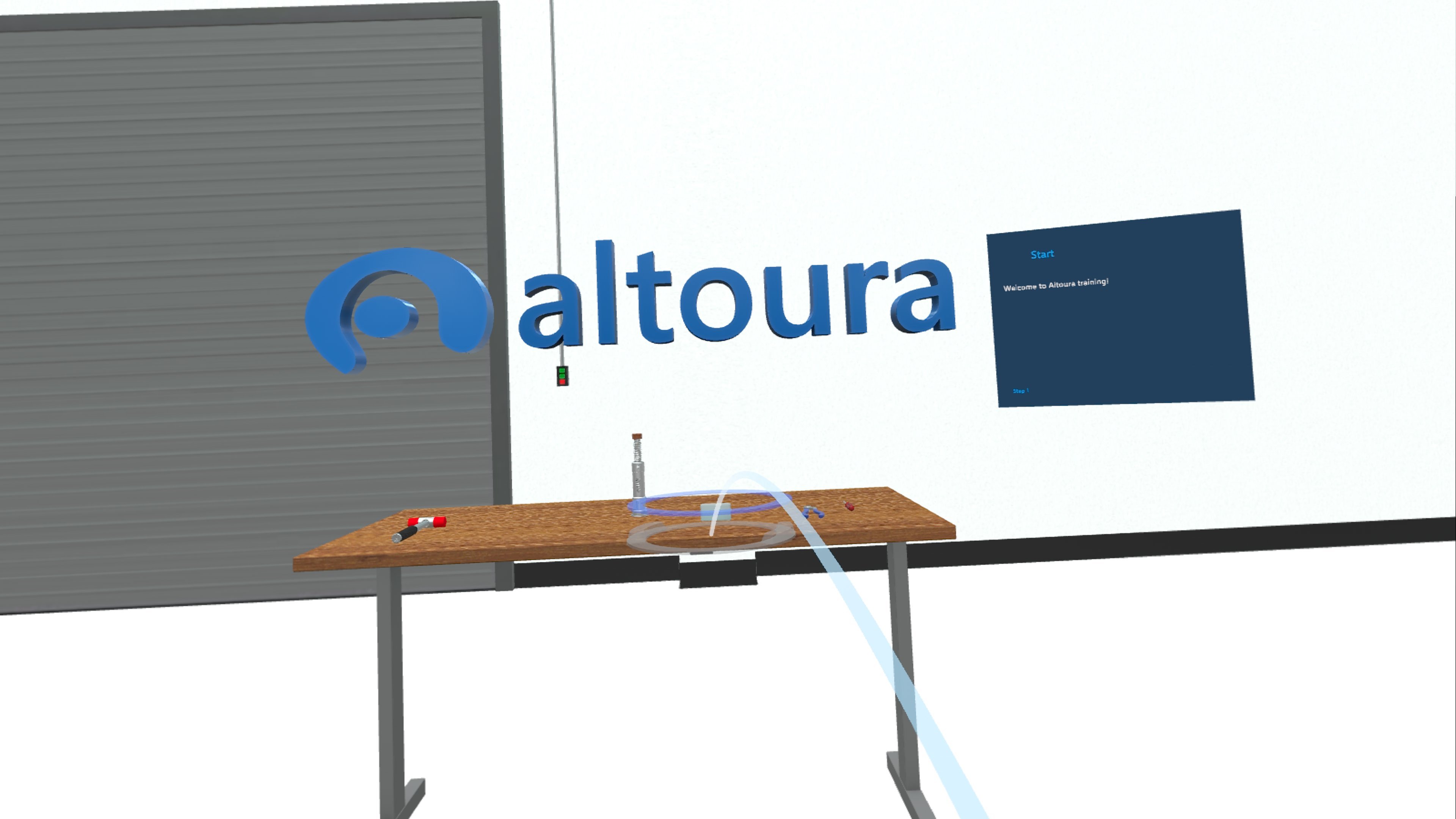 View in the headset of the teleport arc aimed at a table, with the landing circle shown on the table's surface